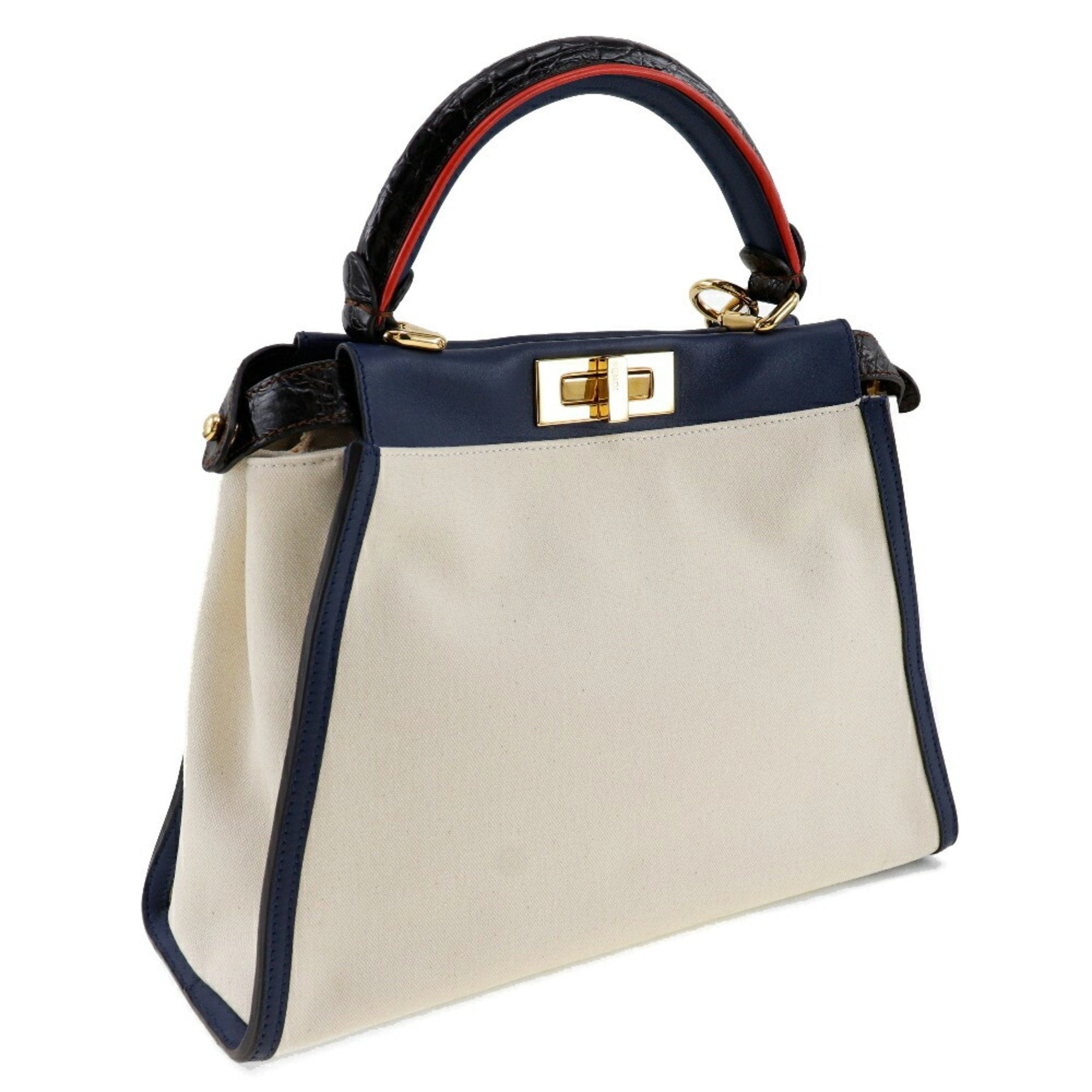 Fendi Navy White Canvas Leather Handbag (Pre-Owned)