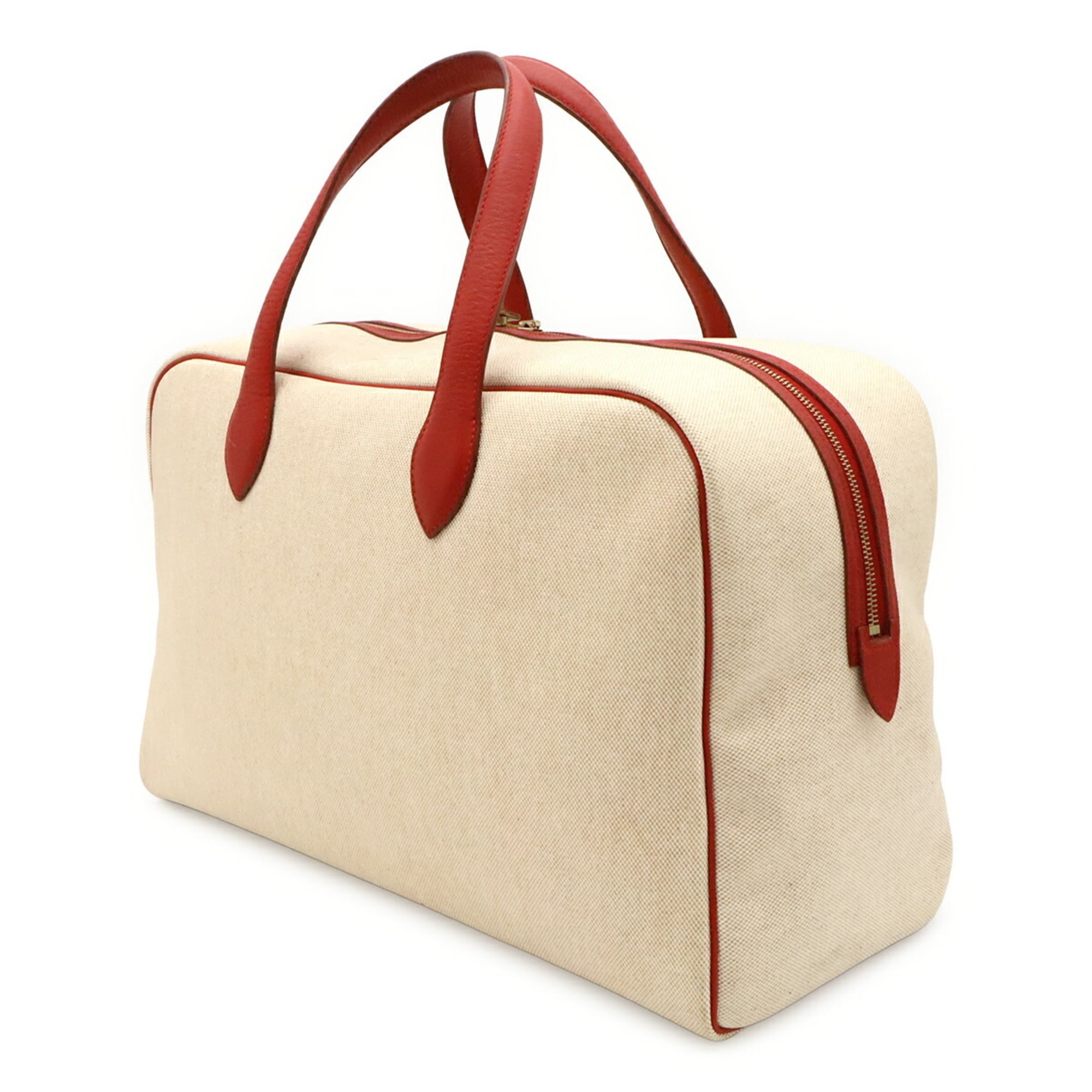 Hermes Beige Red Color Toile H Leather Boston Bag (Pre-Owned)