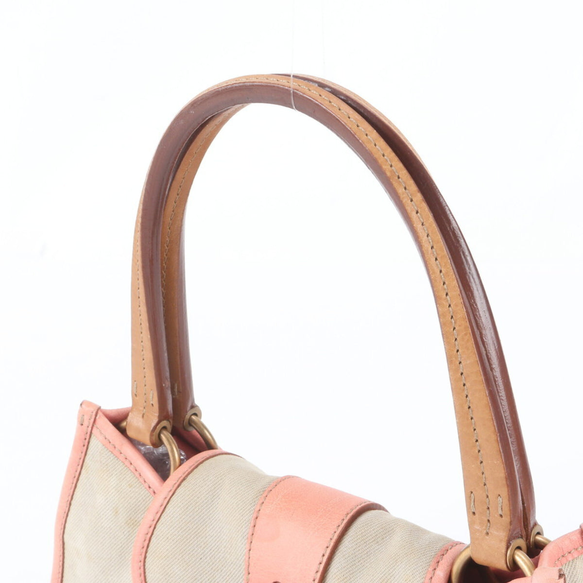 Miu Miu Beige Pink Leather Canvas Handbag Shoulder Bag Tote Bag (Pre-Owned)