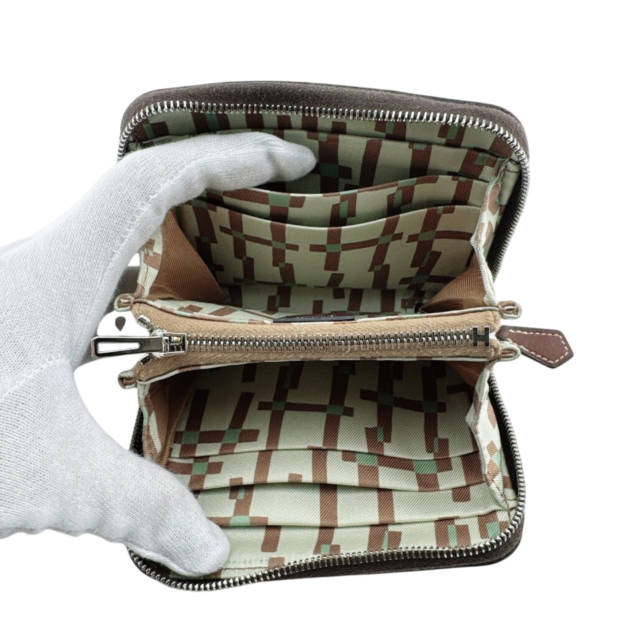 Hermes Azap Brown Leather Silk Coin Purse/Coin Case (Pre-Owned)
