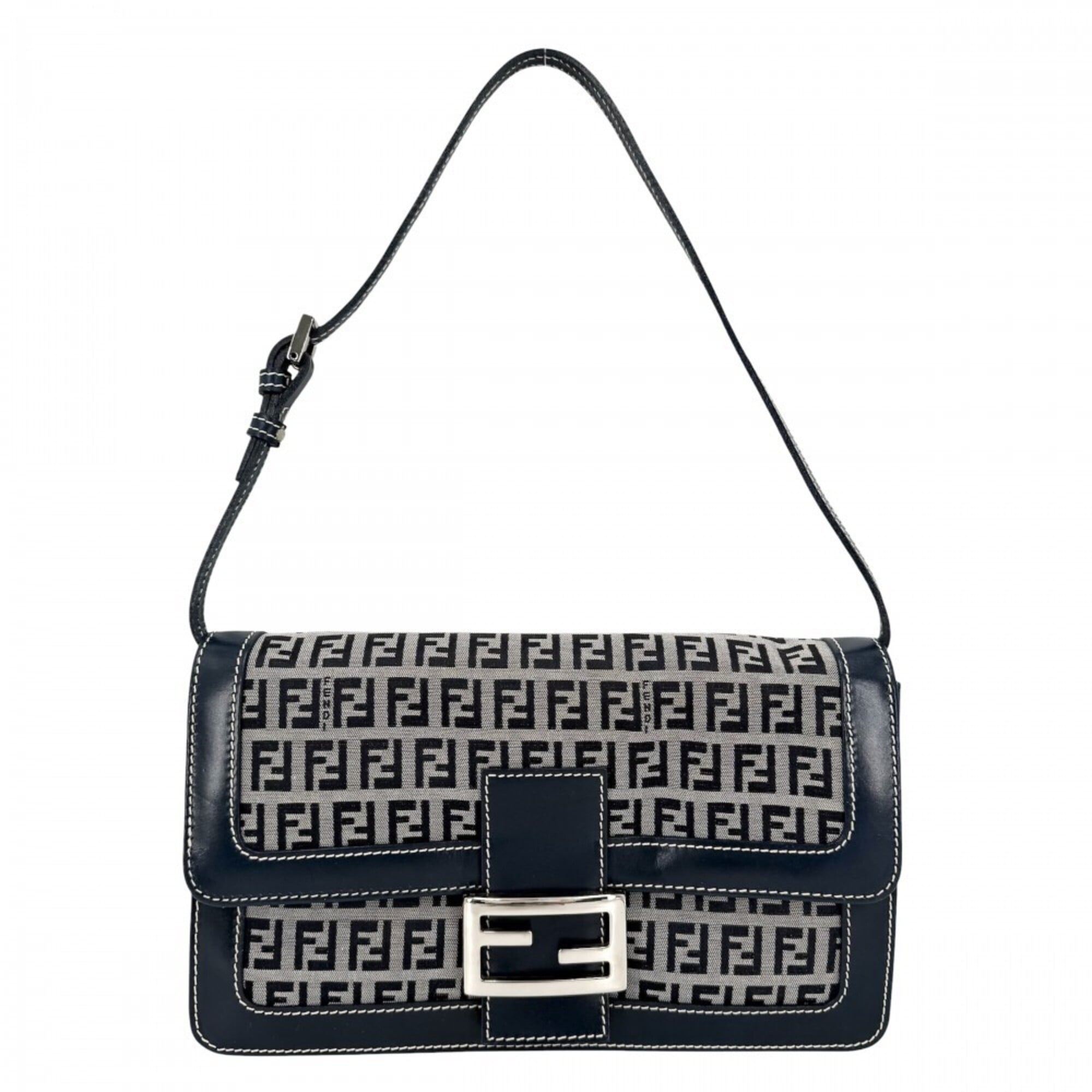 Fendi Zucchino Navy Canvas Leather Handbag Shoulder Bag (Pre-Owned)