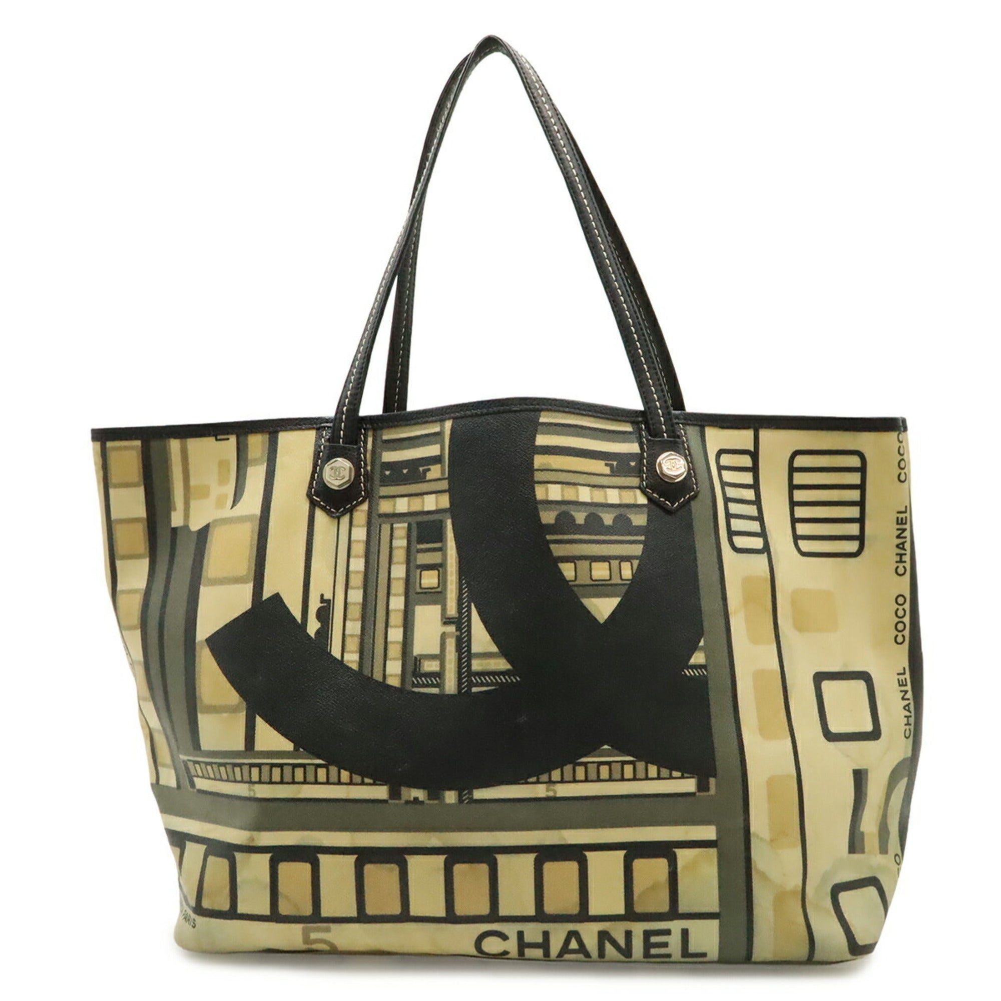 Chanel Beige Navy Pvc Leather Shoulder Bag Tote Bag (Pre-Owned)