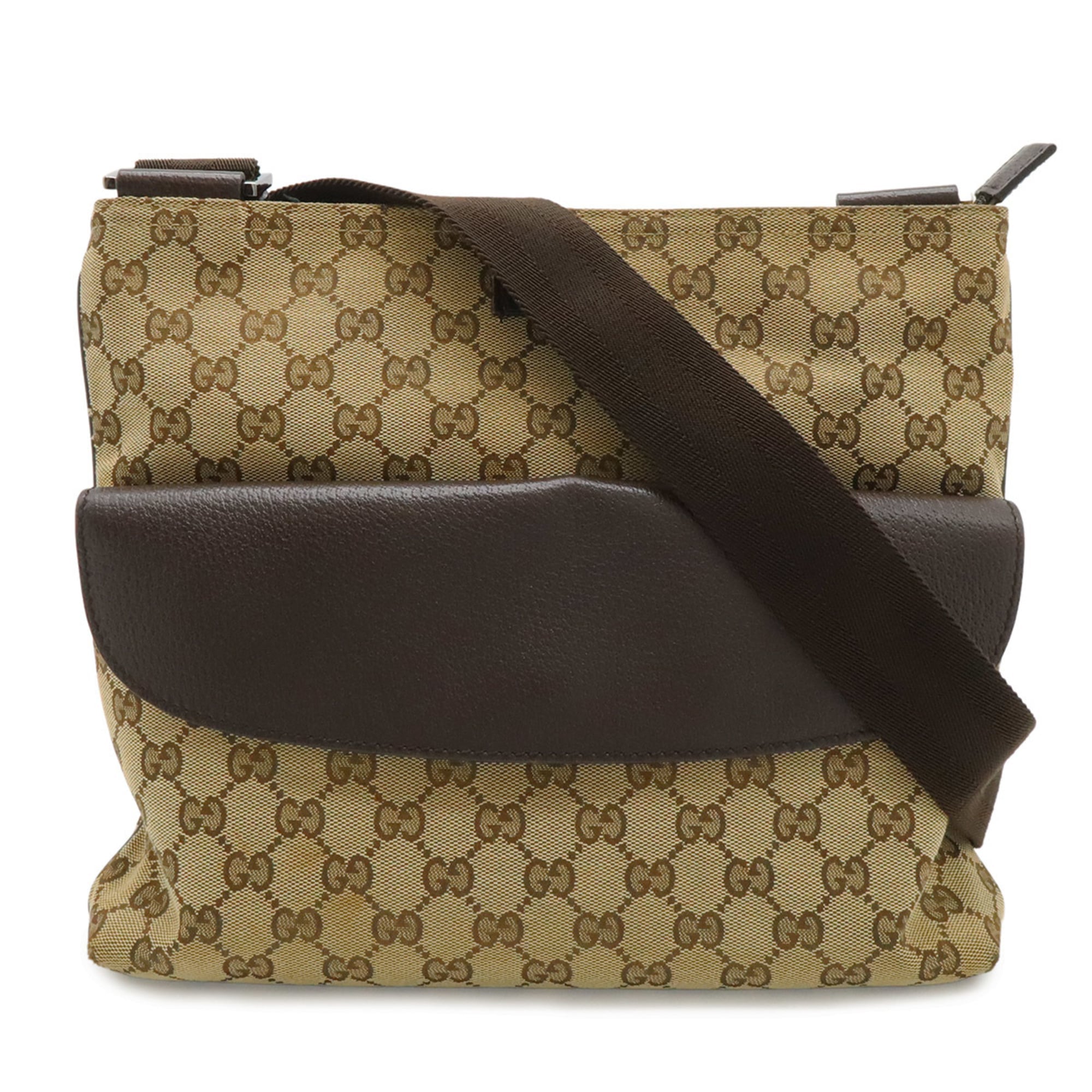 Gucci Beige Dark Brown Khaki Canvas Leather Shoulder Bag (Pre-Owned)