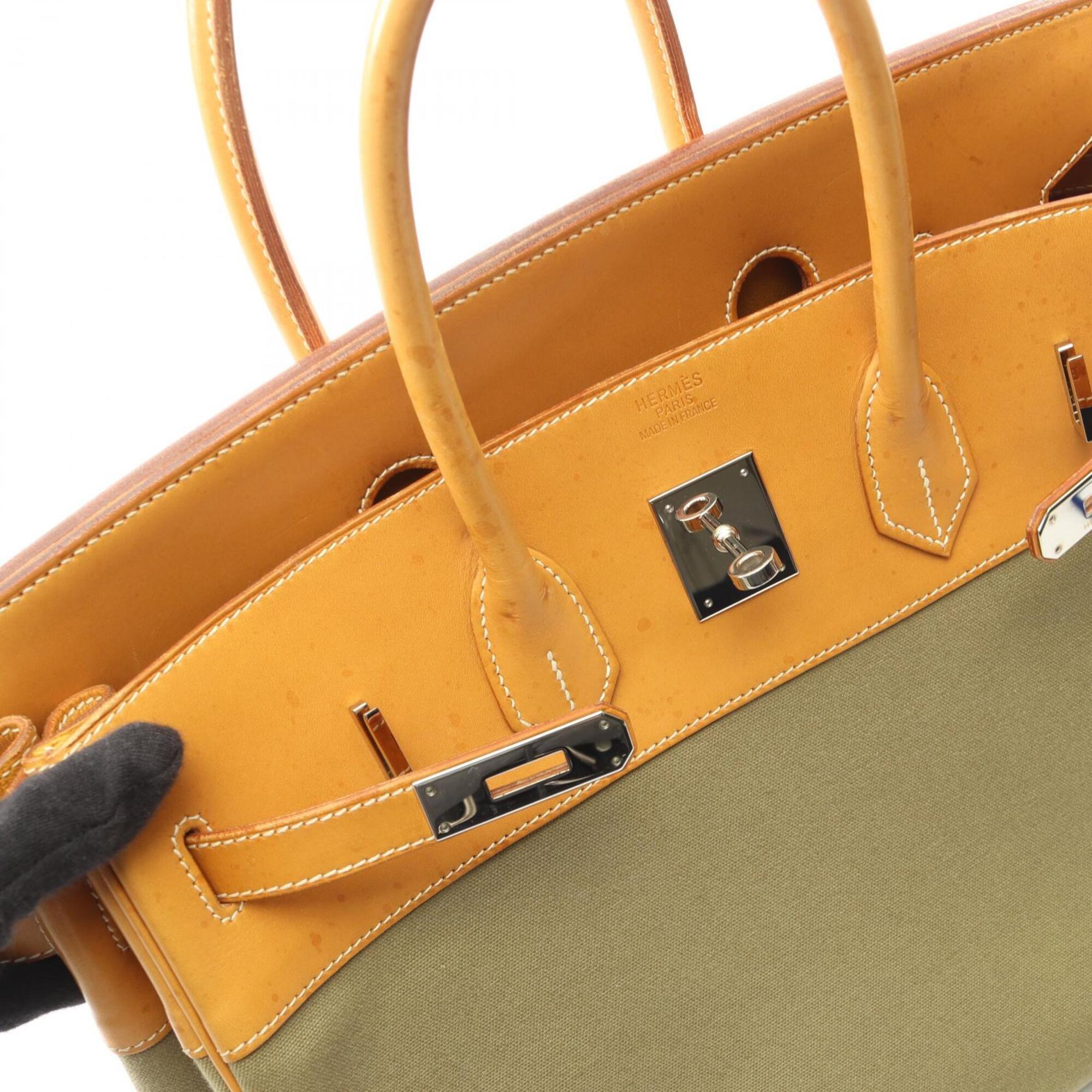 Hermes Brown Khaki Natural Canvas Barenia Leather Toile Officier Leather Handbag (Pre-Owned)
