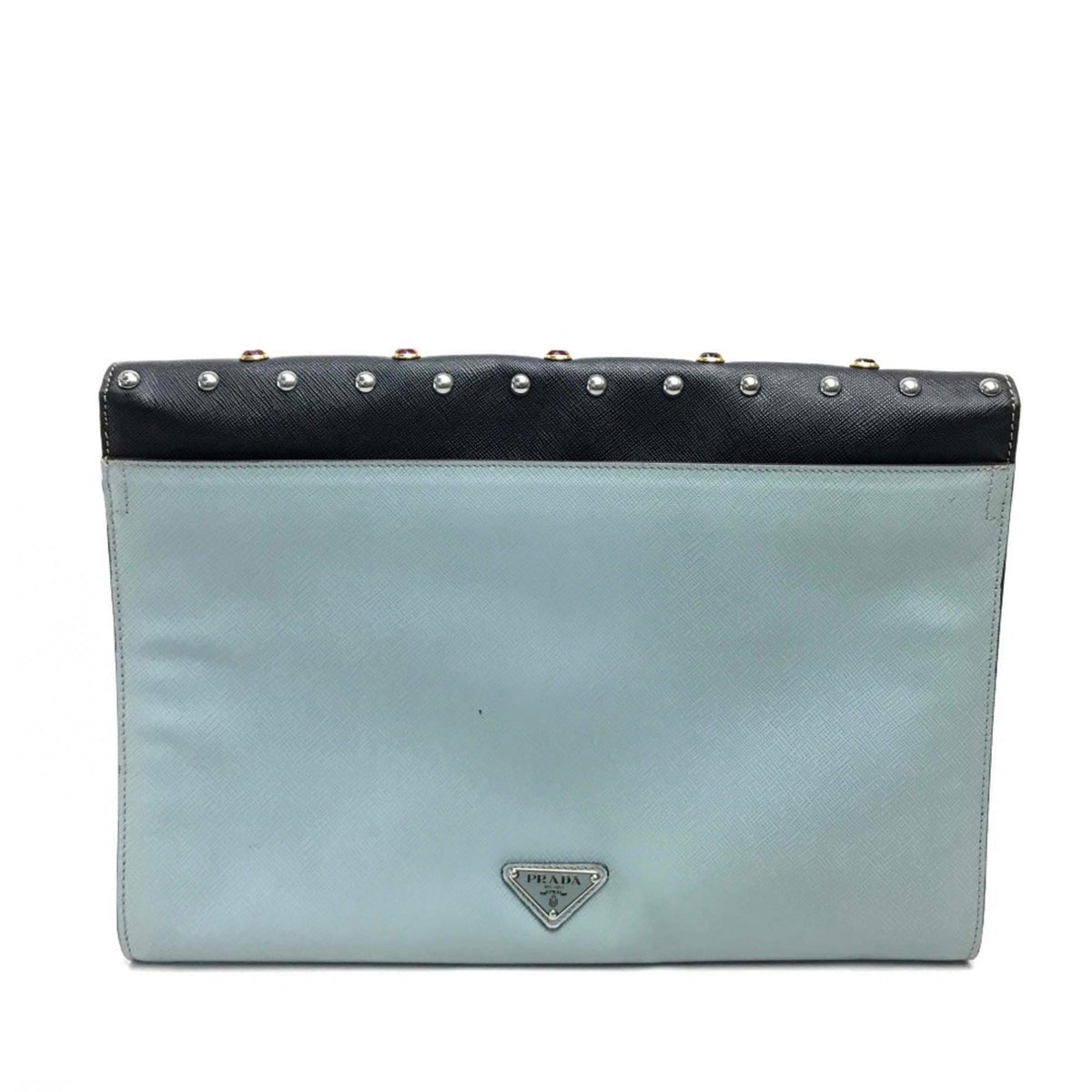 Prada Saffiano Black Light Blue Leather Clutch Bag (Pre-Owned)