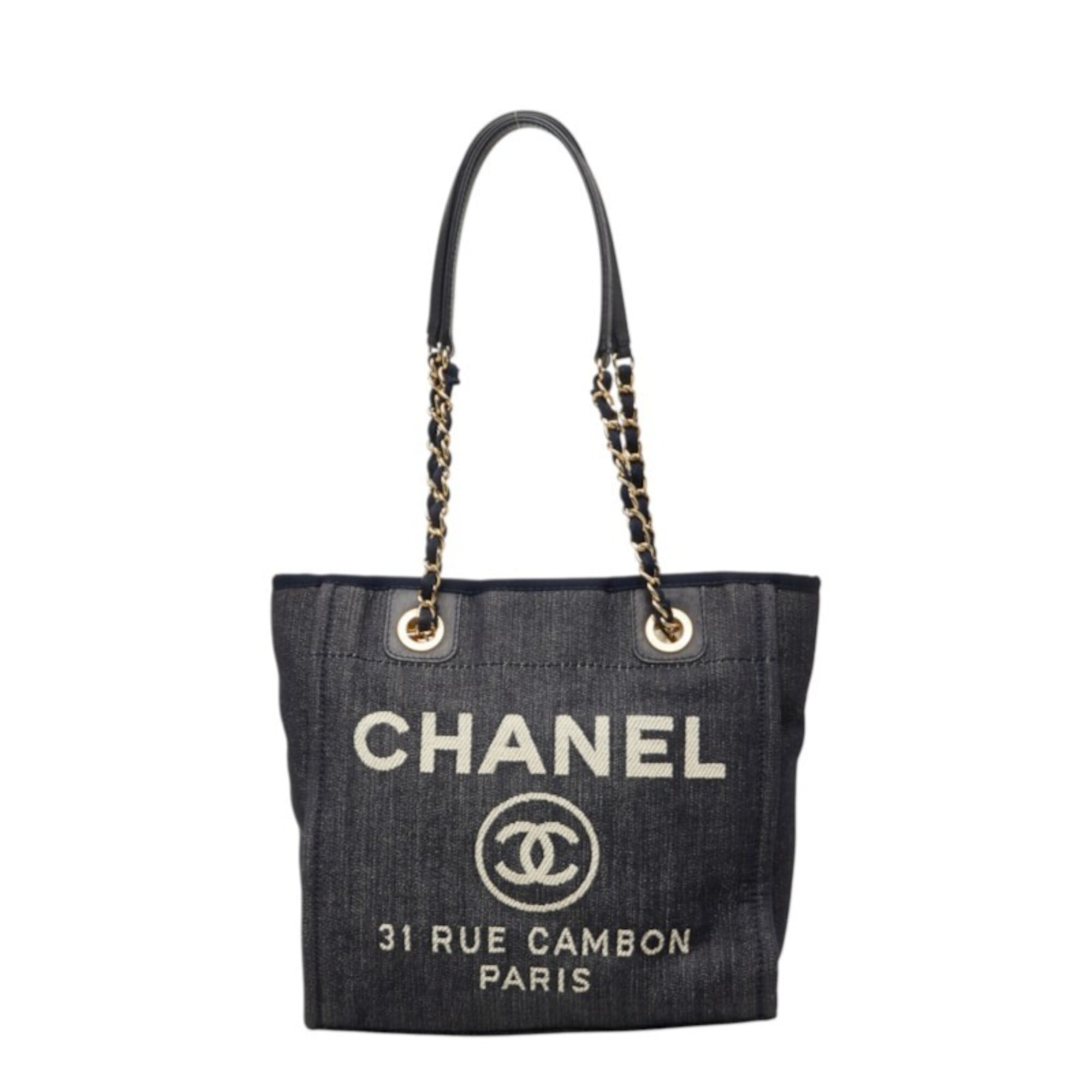Chanel Navy Canvas Leather Shoulder Bag Tote Bag (Pre-Owned)