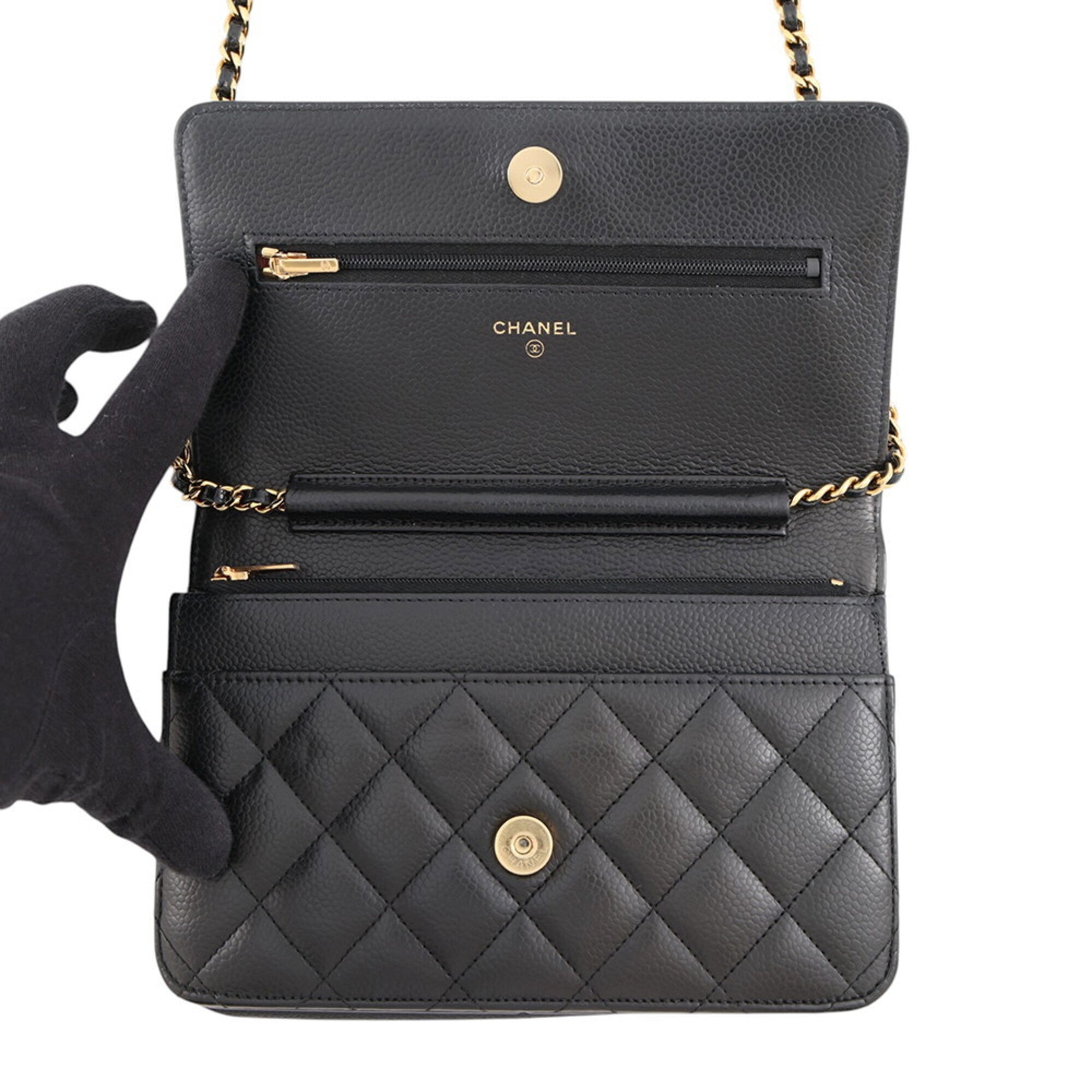 Chanel Black Grained Calfskin Chain/Shoulder Wallet (Pre-Owned)