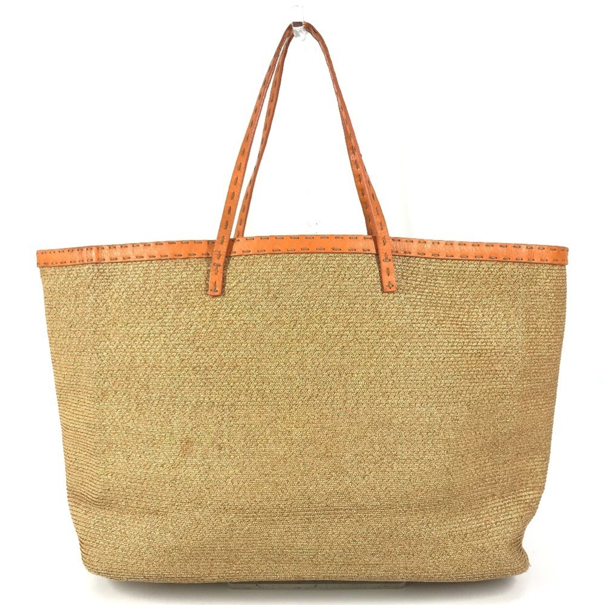 Fendi Beige Orange Raffia Leather Beach Bag Shoulder Bag Tote Bag (Pre-Owned)