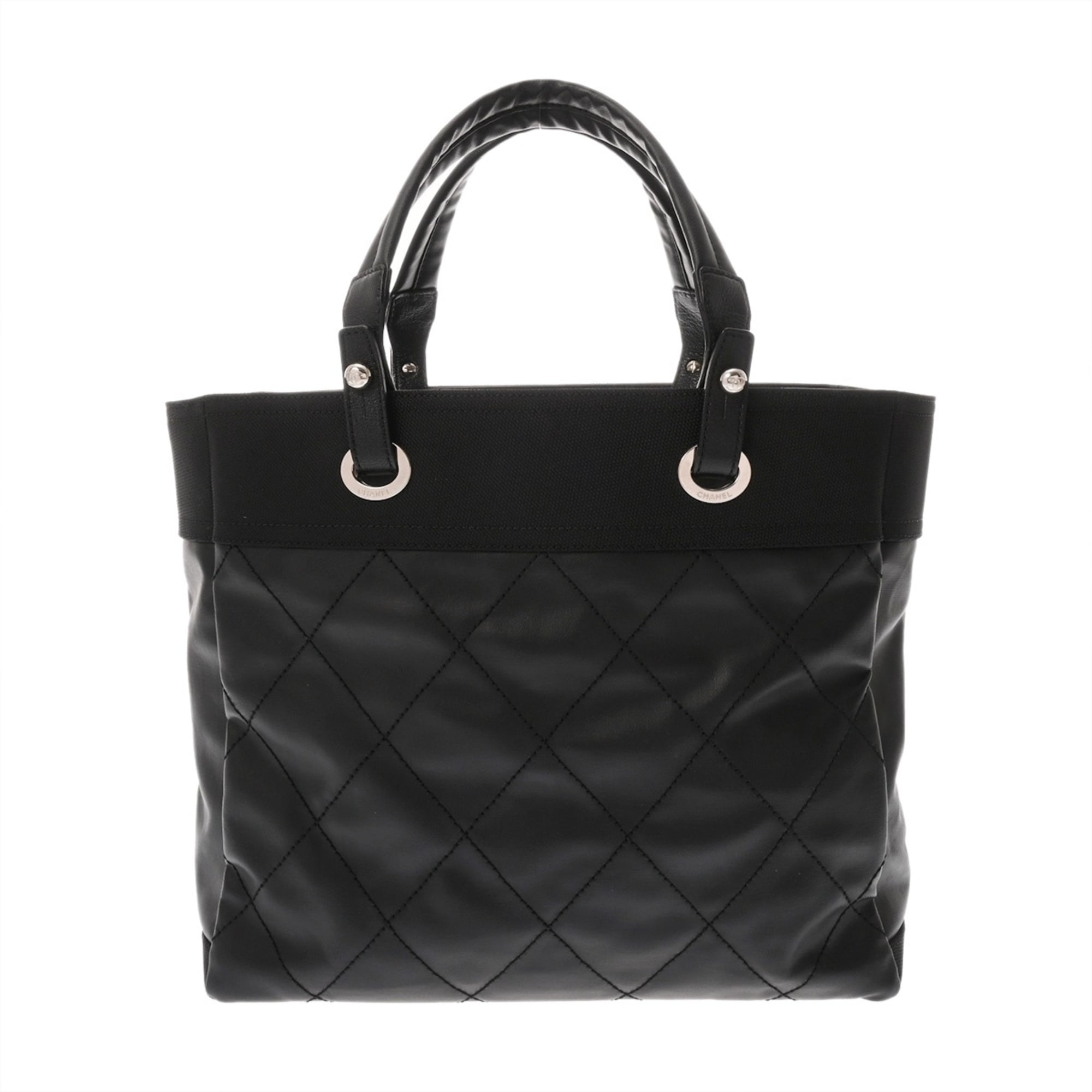 Chanel Paris Biarritz Black Canvas Leather Tote Bag (Pre-Owned)