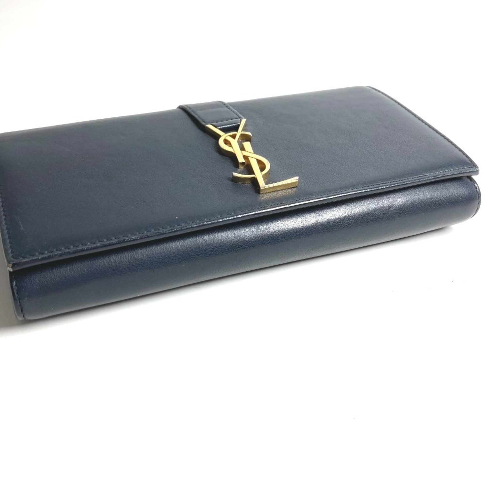 Yves Saint Laurent Navy Leather Long Wallet (Tri-Fold) (Pre-Owned)