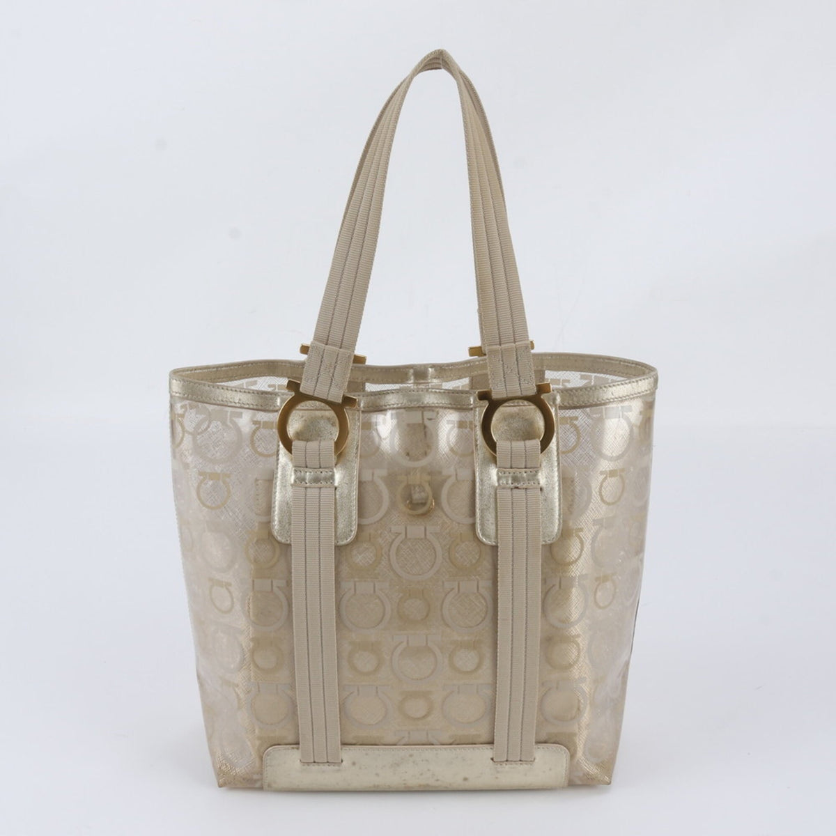 Salvatore Ferragamo Clear Gold Leather Coated Canvas Handbag Shoulder Bag Tote Bag (Pre-Owned)