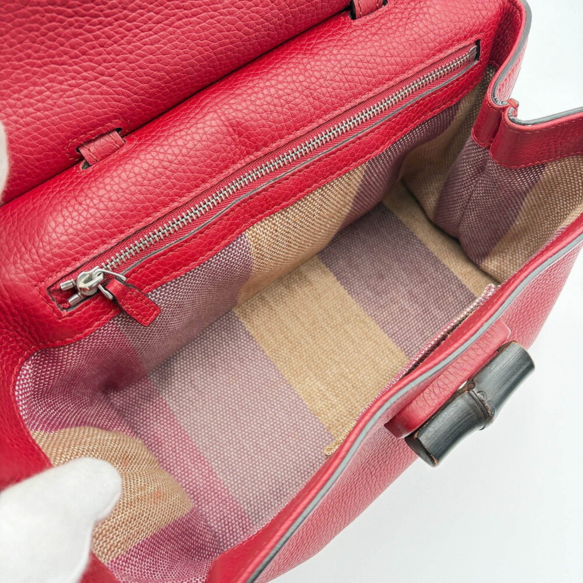 Gucci Bamboo Red Color Leather Handbag Shoulder Bag (Pre-Owned)