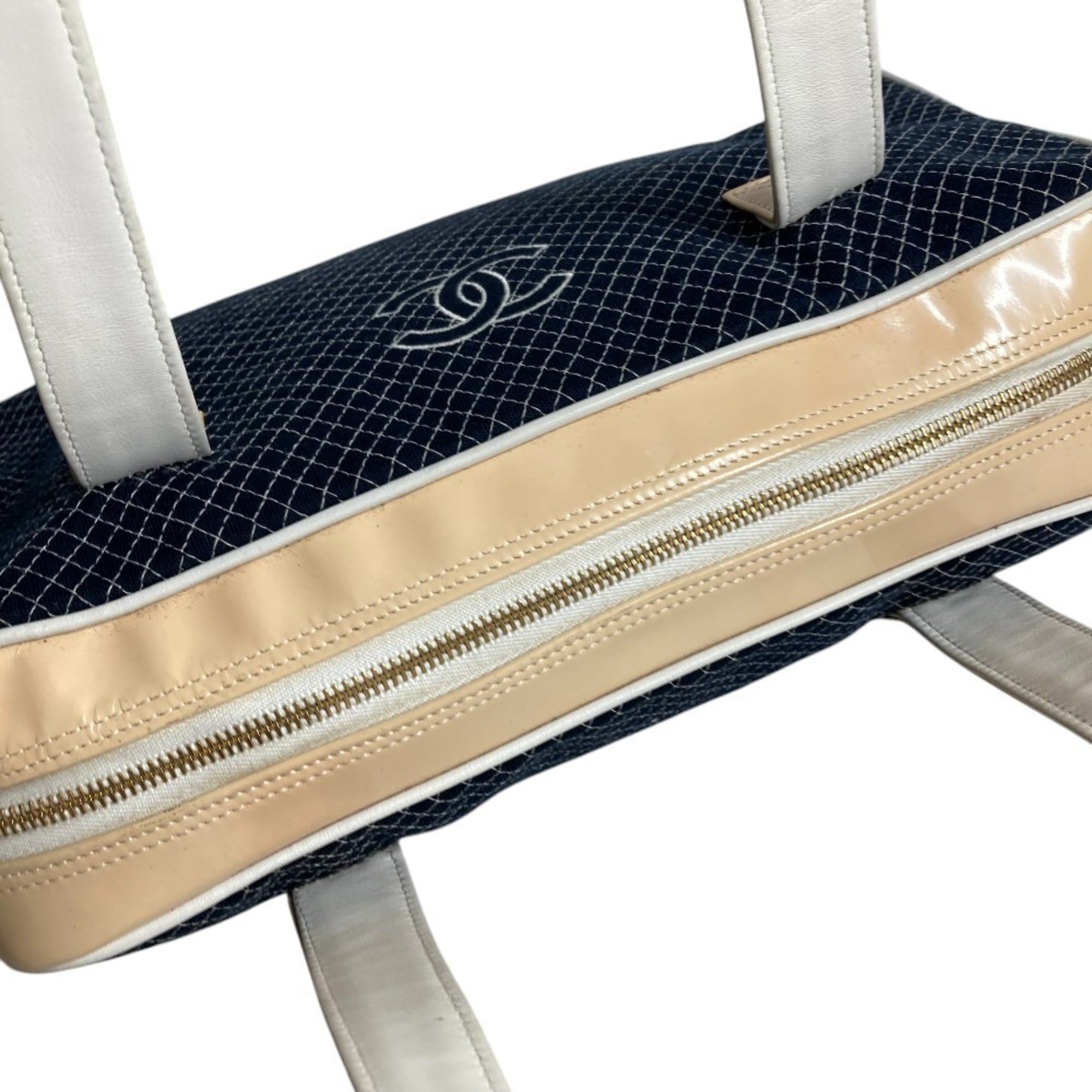 Chanel Navy White Canvas Boston Bag Shoulder Bag Sports Bag Tote Bag (Pre-Owned)
