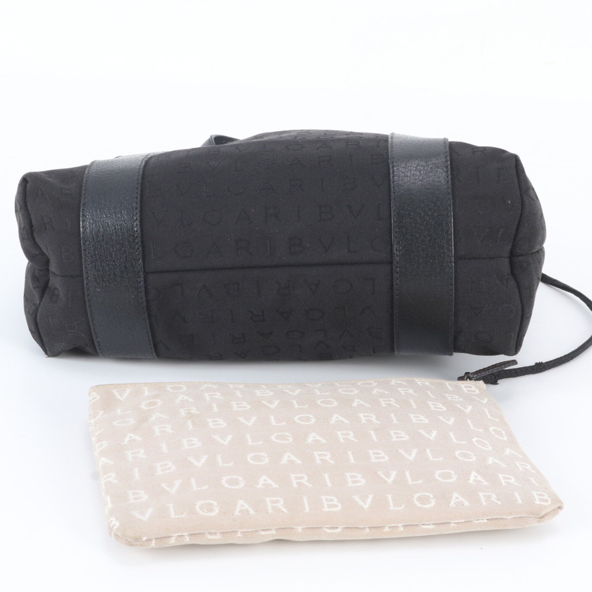 Bvlgari Black Leather Canvas Handbag Pouch Tote Bag (Pre-Owned)
