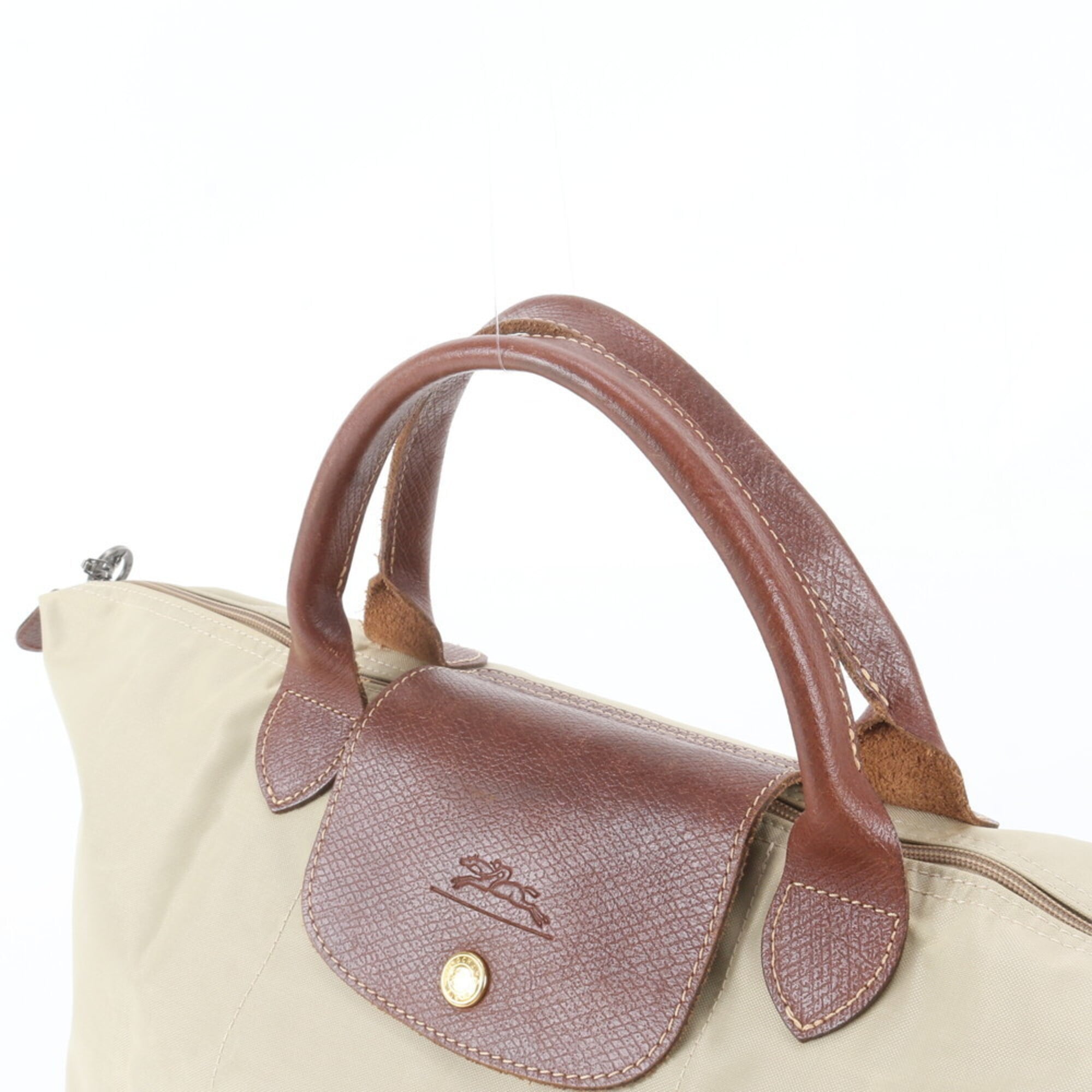Longchamp Beige Brown Leather Nylon Handbag Shoulder Bag Tote Bag (Pre-Owned)