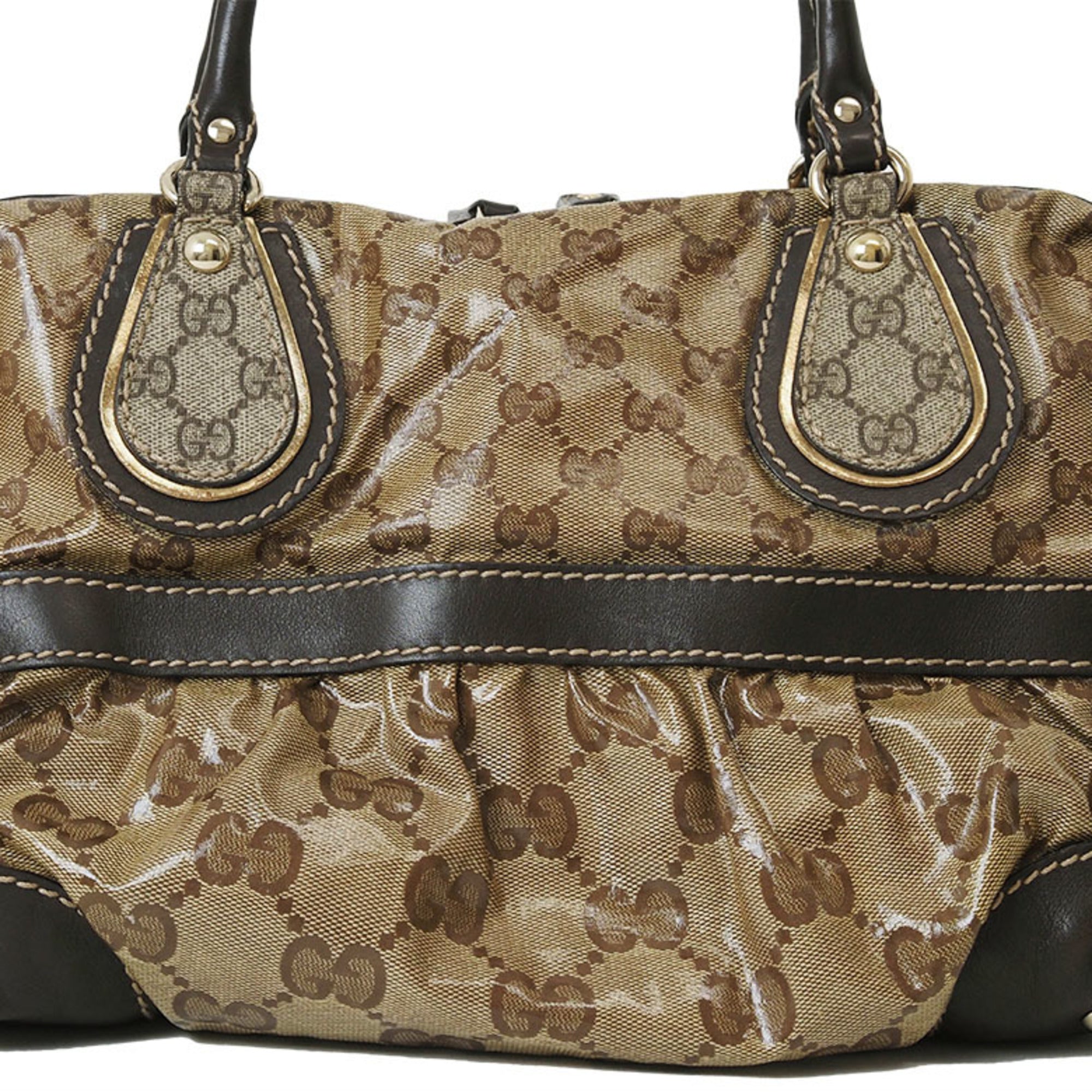 Gucci Gg Crystal Beige Dark Brown Pvc Leather Boston Bag Handbag (Pre-Owned)
