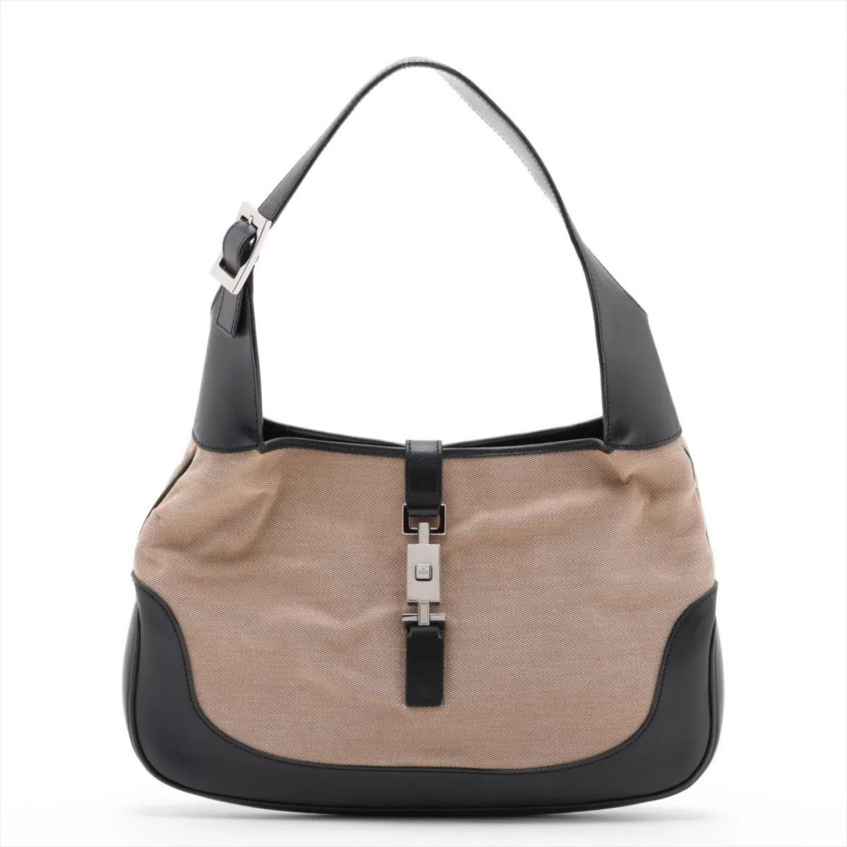 Gucci Beige Black Leather Canvas Handbag Shoulder Bag Tote Bag (Pre-Owned)