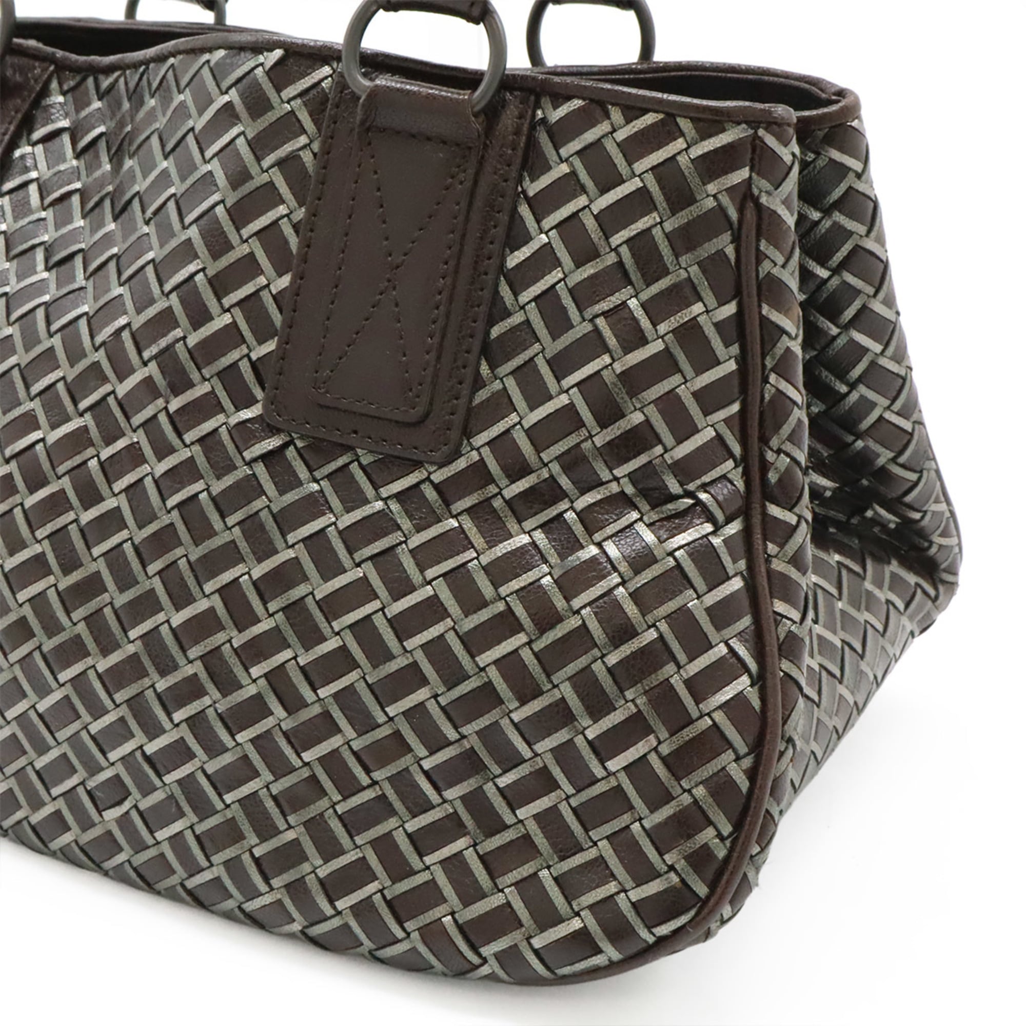 Bottega Veneta Intrecciato Dark Brown Silver Leather Handbag (Pre-Owned)