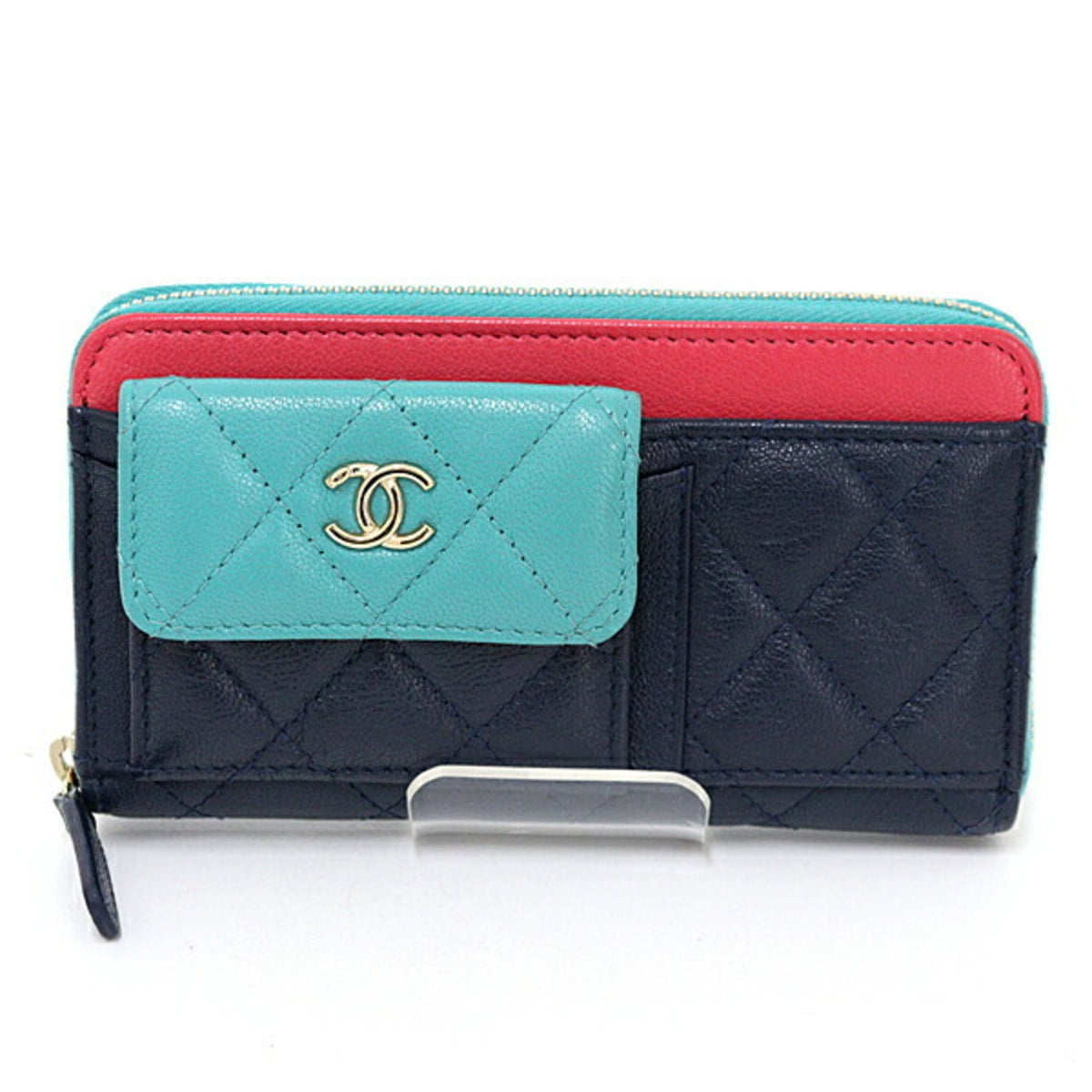 Chanel Green Navy Pink Leather Wallet (Bi-Fold) (Pre-Owned)