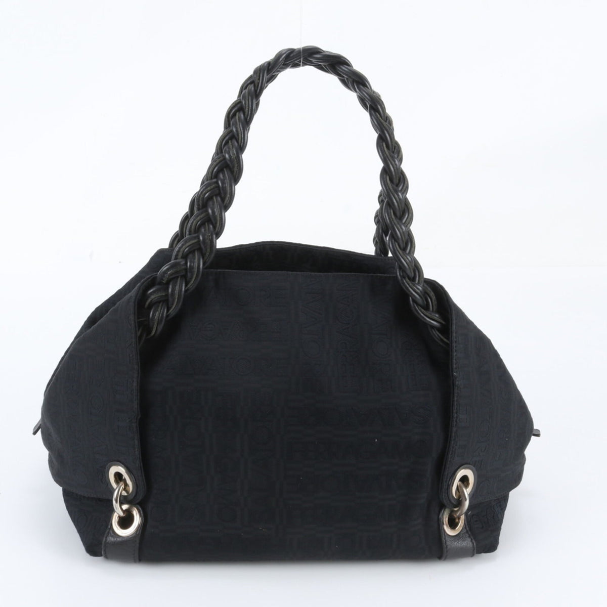 Salvatore Ferragamo Black Leather Canvas Handbag Shoulder Bag Tote Bag (Pre-Owned)