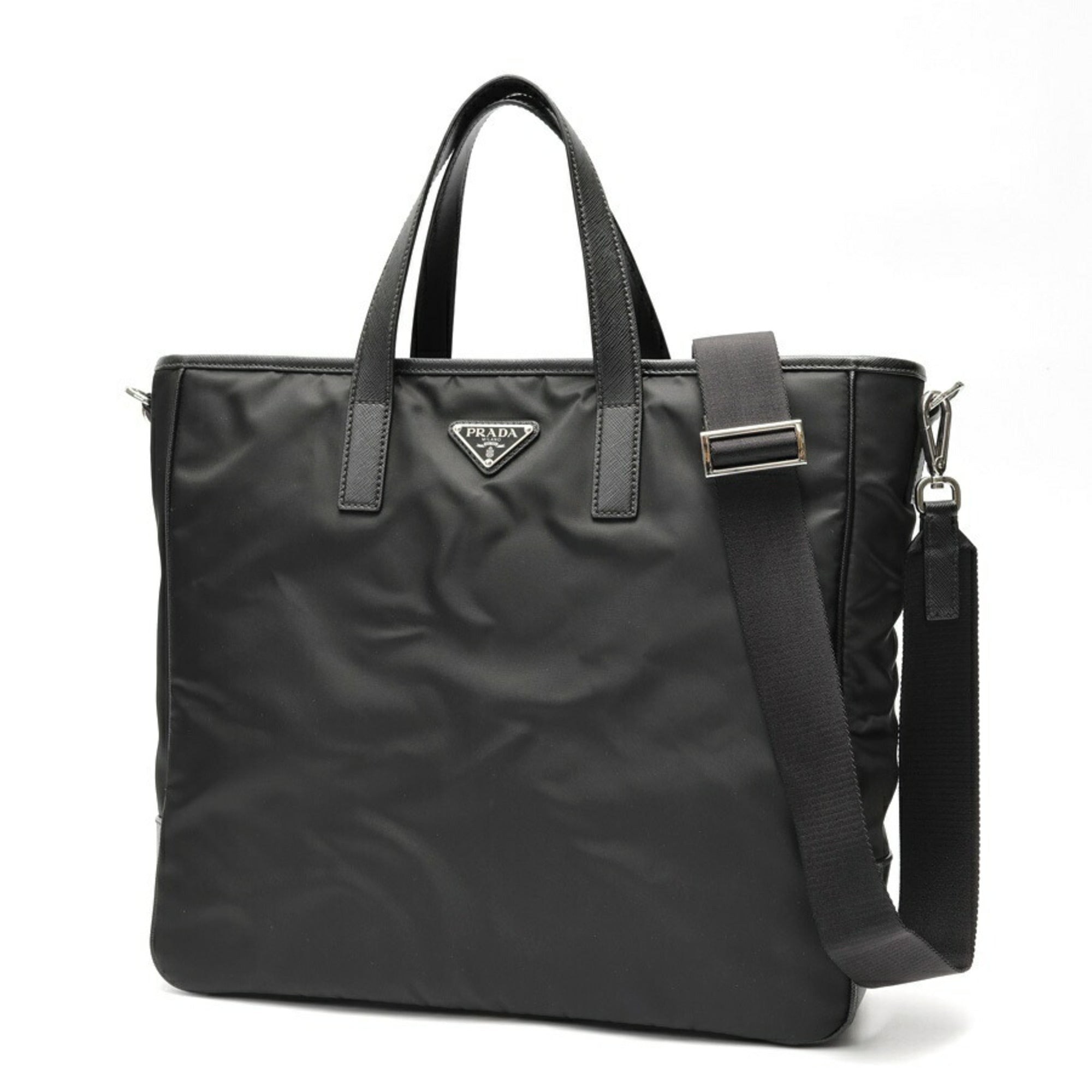 Prada Black Nylon Leather Shoulder Bag Tote Bag (Pre-Owned)