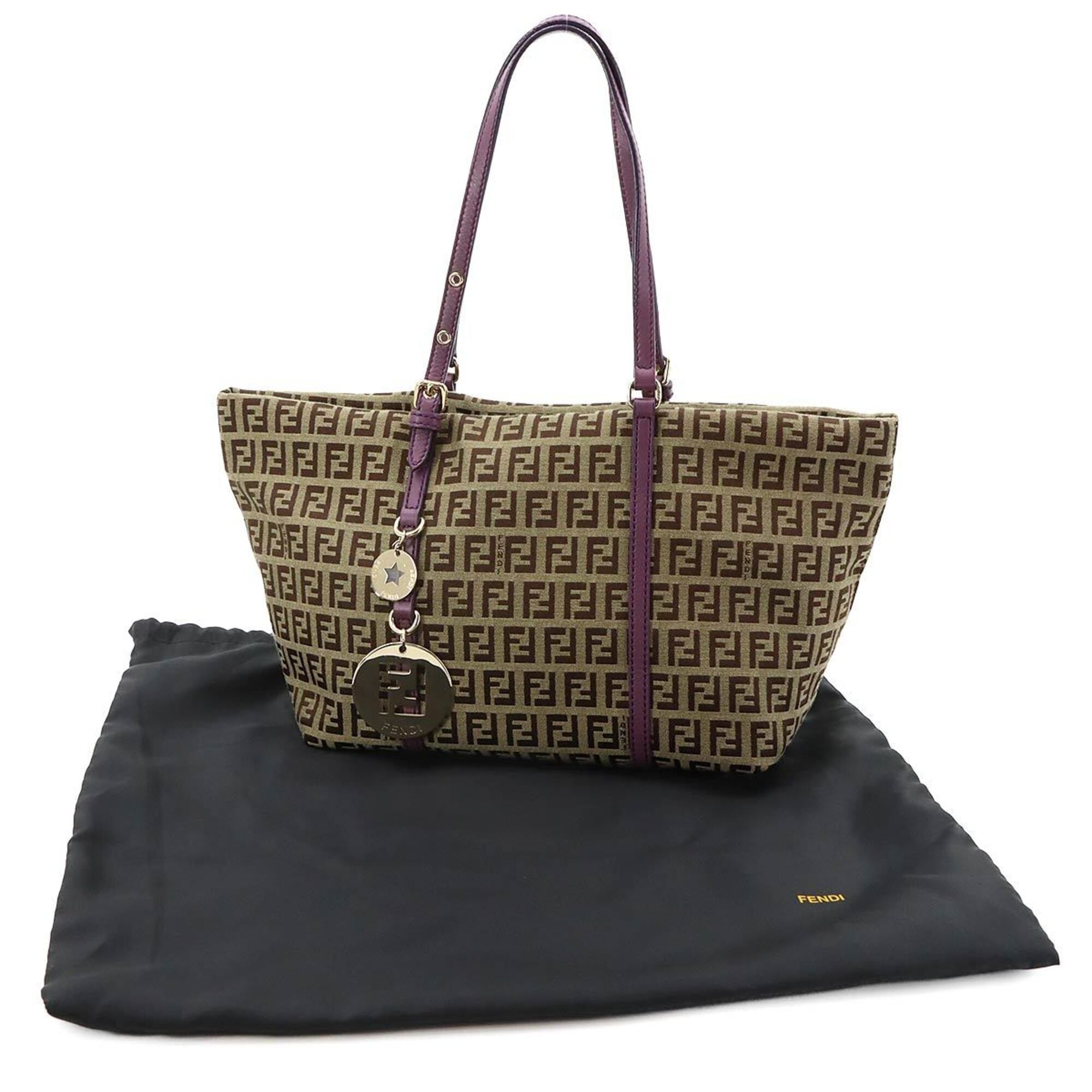 Fendi Beige Purple Canvas Leather Handbag Tote Bag (Pre-Owned)