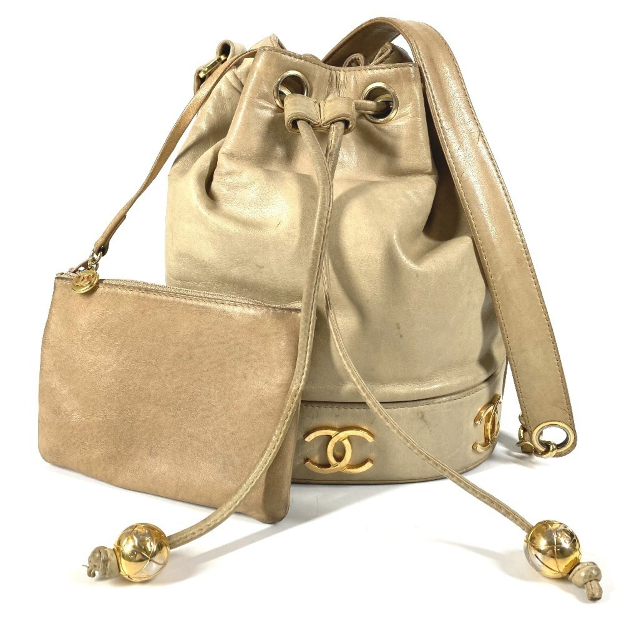 Chanel Beige Leather Handbag Pouch Shoulder Bag (Pre-Owned)