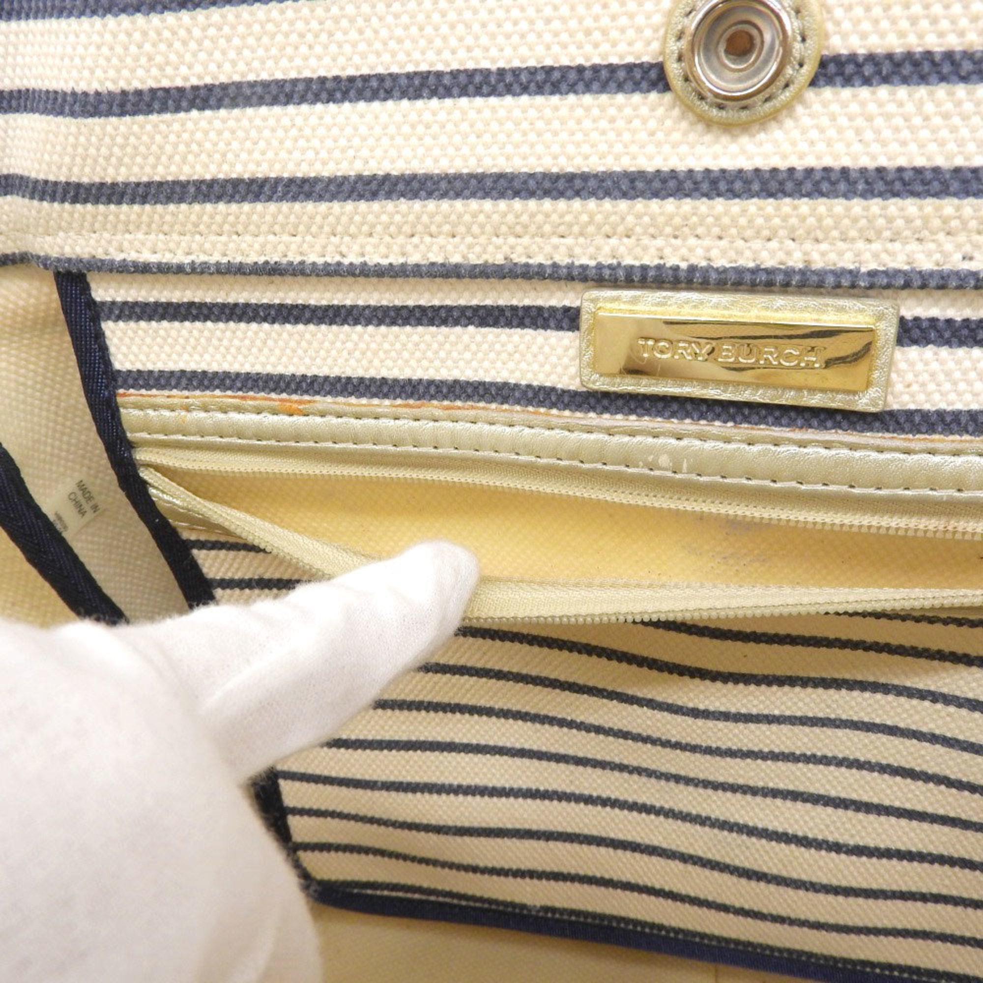 Tory Burch Navy White Canvas Handbag Tote Bag (Pre-Owned)