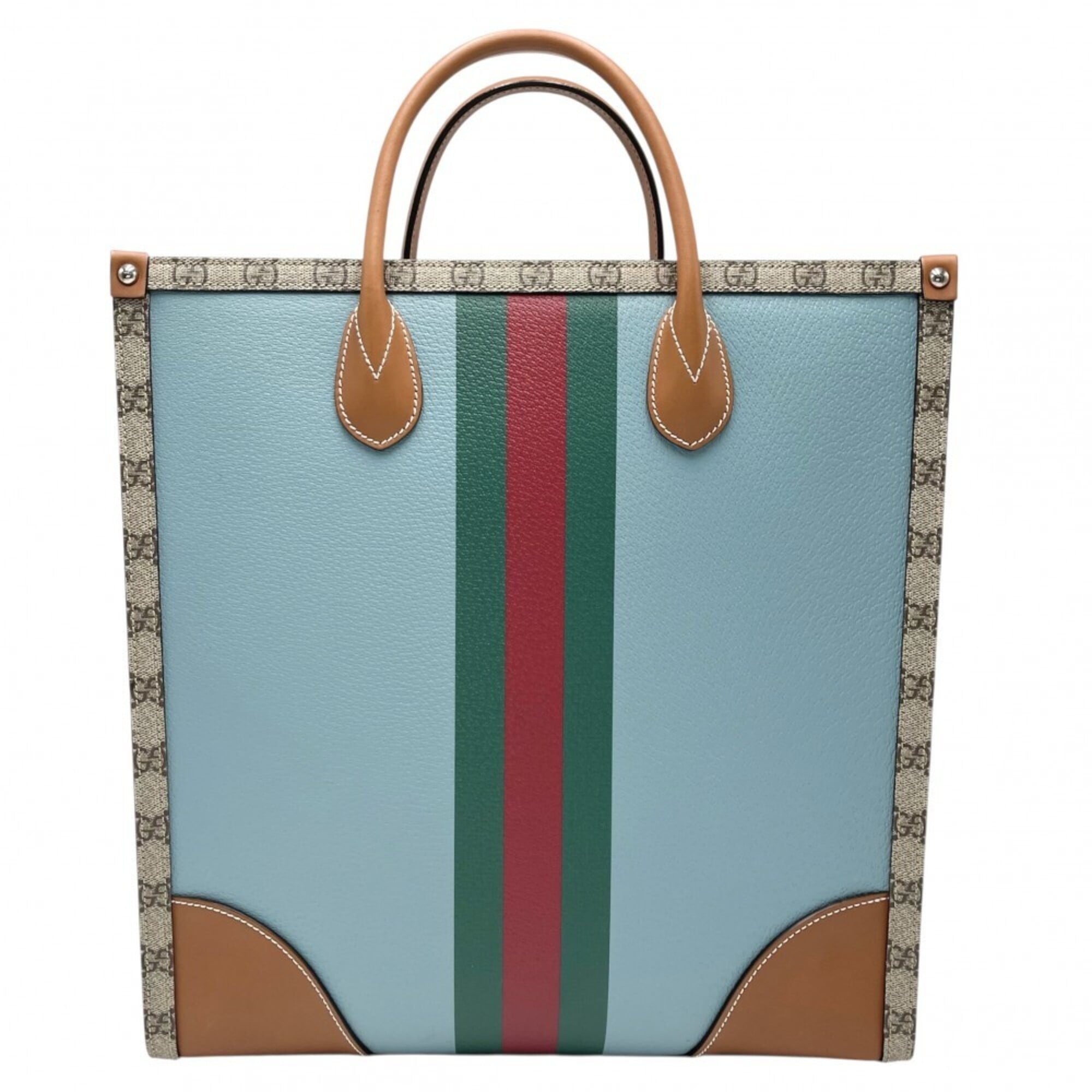 Gucci Beige Blue Pvc Coated Canvas Leather Handbag Shoulder Bag Tote Bag (Pre-Owned)