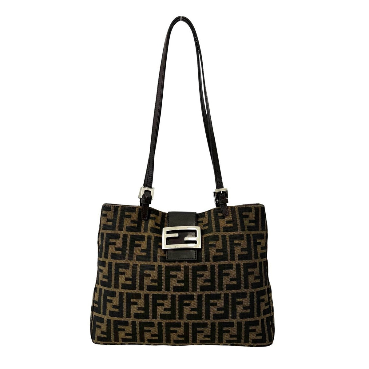 Fendi Black Brown Canvas Leather Handbag Shoulder Bag Tote Bag (Pre-Owned)