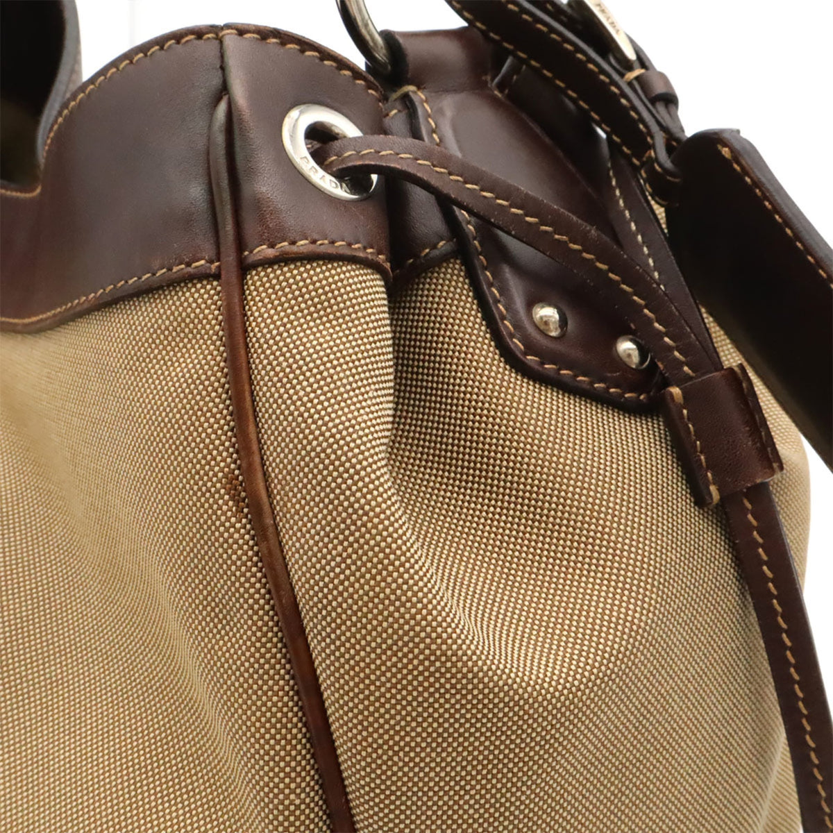 Prada Beige Dark Brown Khaki Canvas Leather Shoulder Bag (Pre-Owned)