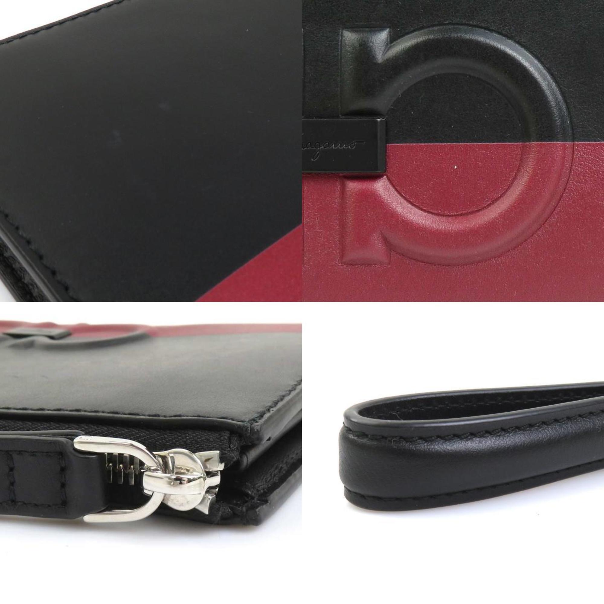 Salvatore Ferragamo Black Dark Red Leather Clutch Bag (Pre-Owned)