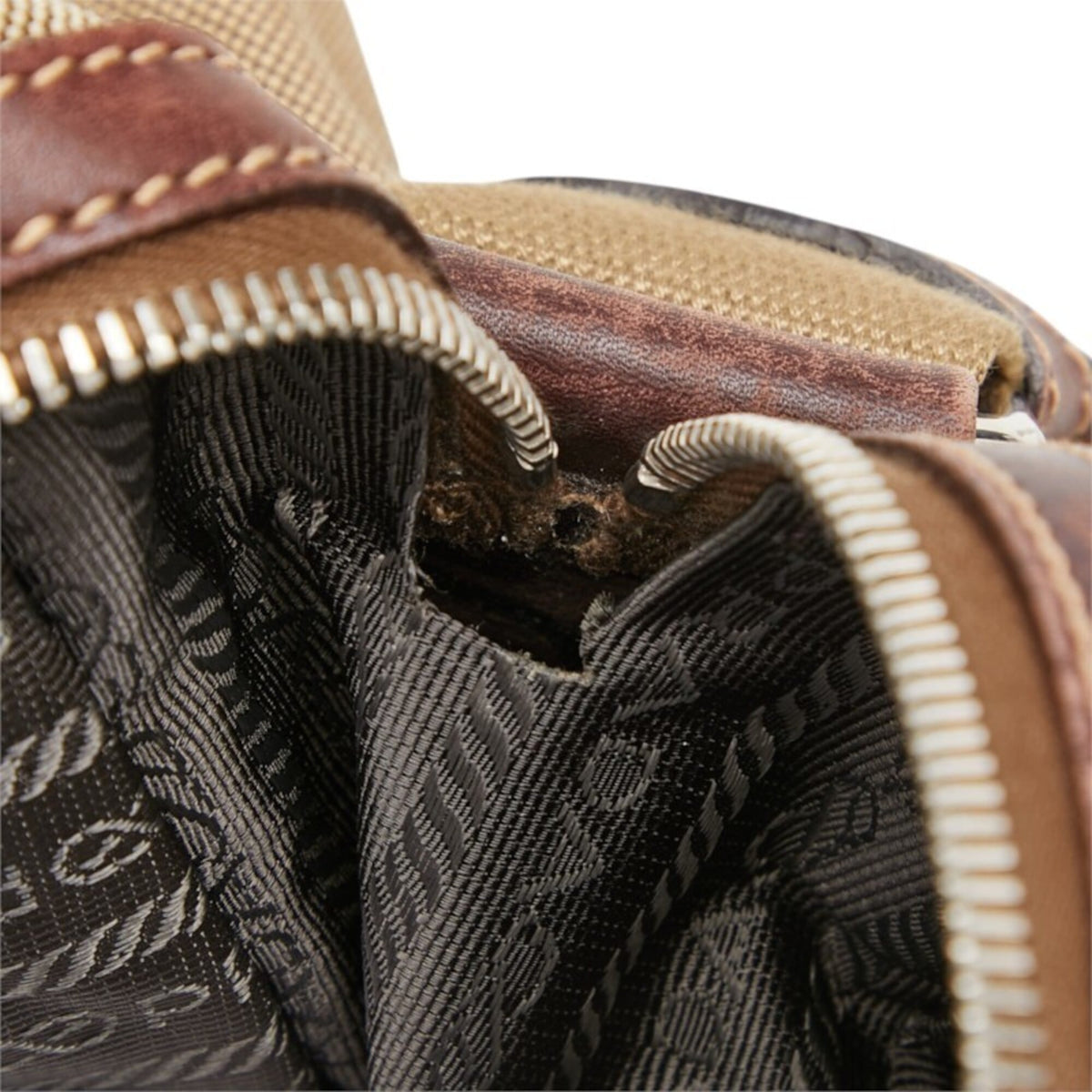 Prada Beige Brown Canvas Leather Shoulder Bag (Pre-Owned)