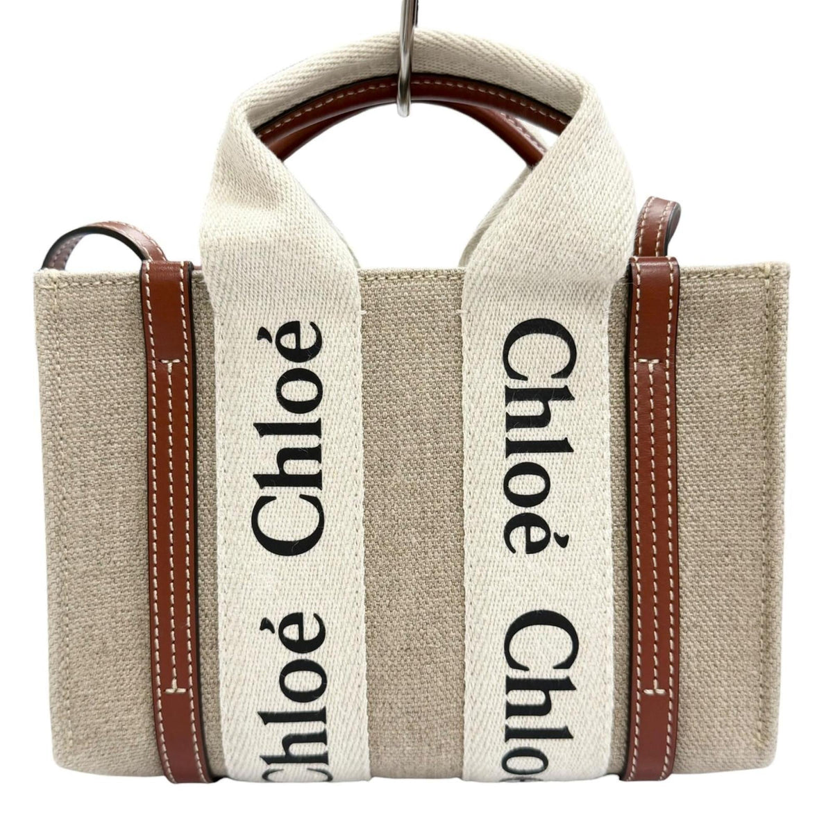 Chloé Beige Brown Linen Leather Shoulder Bag Tote Bag (Pre-Owned)