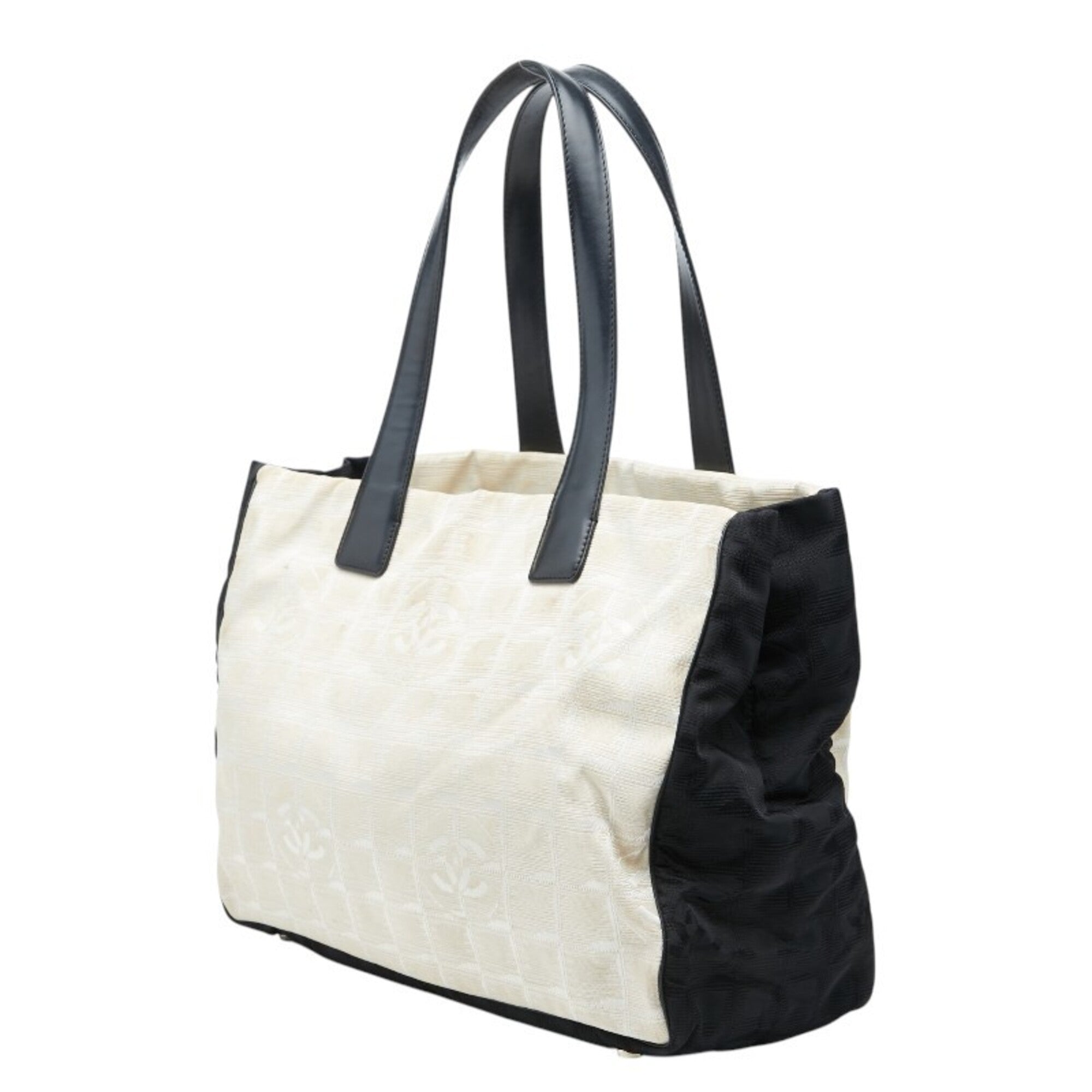 Chanel Beige Black Nylon Leather Handbag Tote Bag (Pre-Owned)