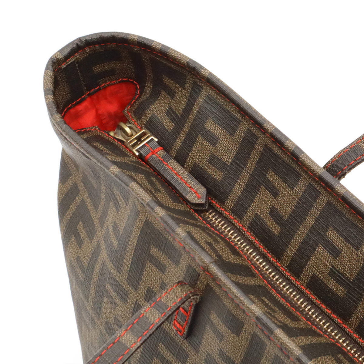 Fendi Dark Brown Khaki Brown Red Color Coated Canvas Leather Shoulder Bag Tote Bag (Pre-Owned)