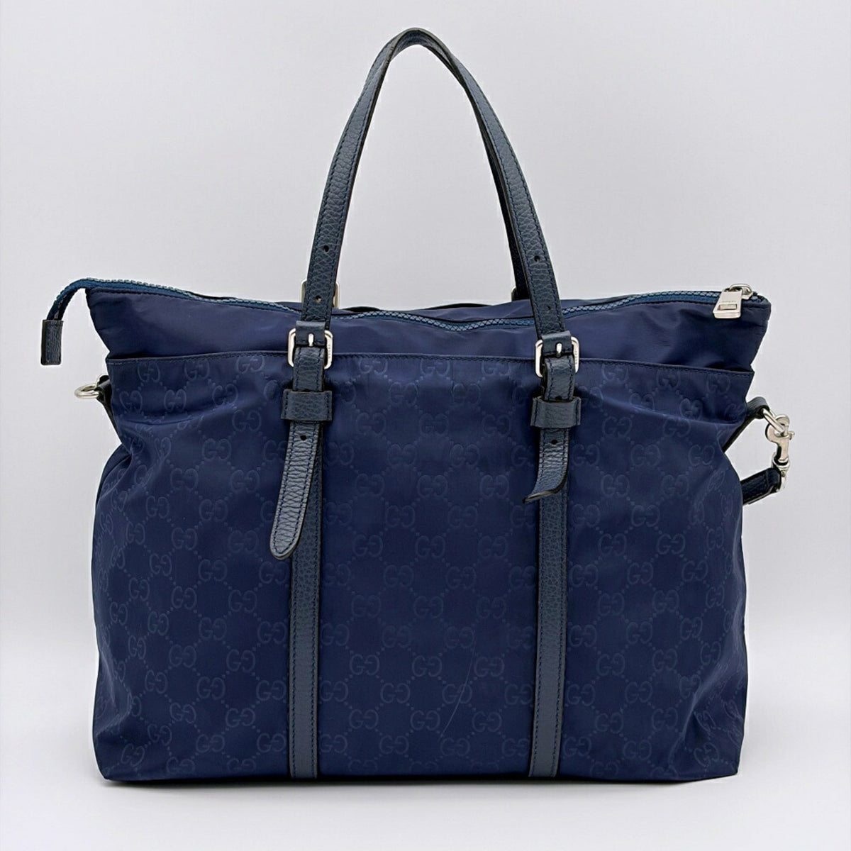 Gucci Navy Nylon Leather Tote Bag (Pre-Owned)