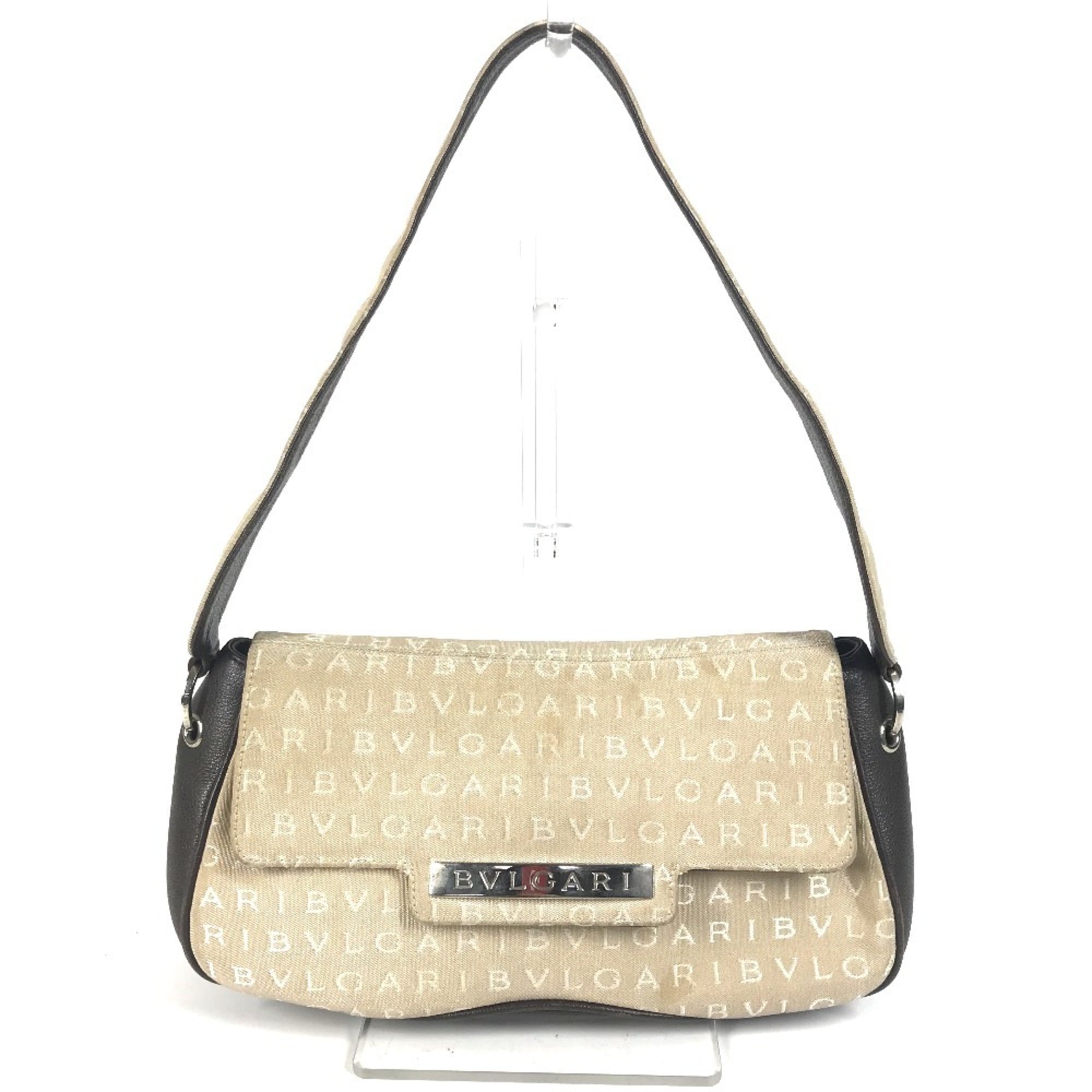 Bvlgari Logomania Beige Dark Brown Leather Canvas Handbag Shoulder Bag (Pre-Owned)