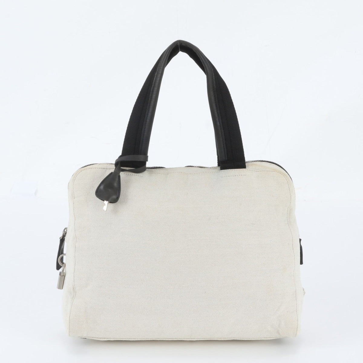 Prada Black White Leather Canvas Handbag Tote Bag (Pre-Owned)