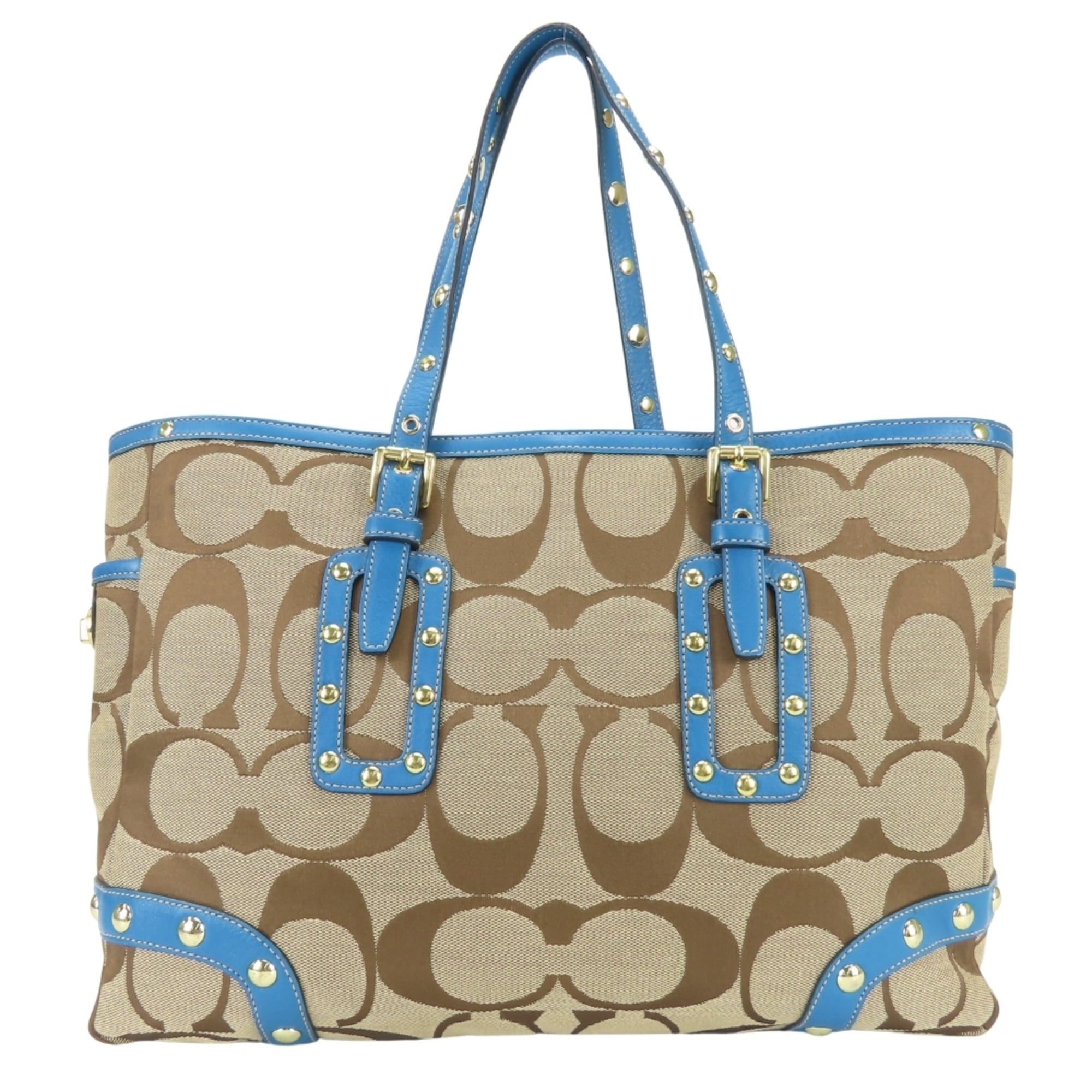 Coach Signature Blue Brown Canvas Leather Tote Bag (Pre-Owned)