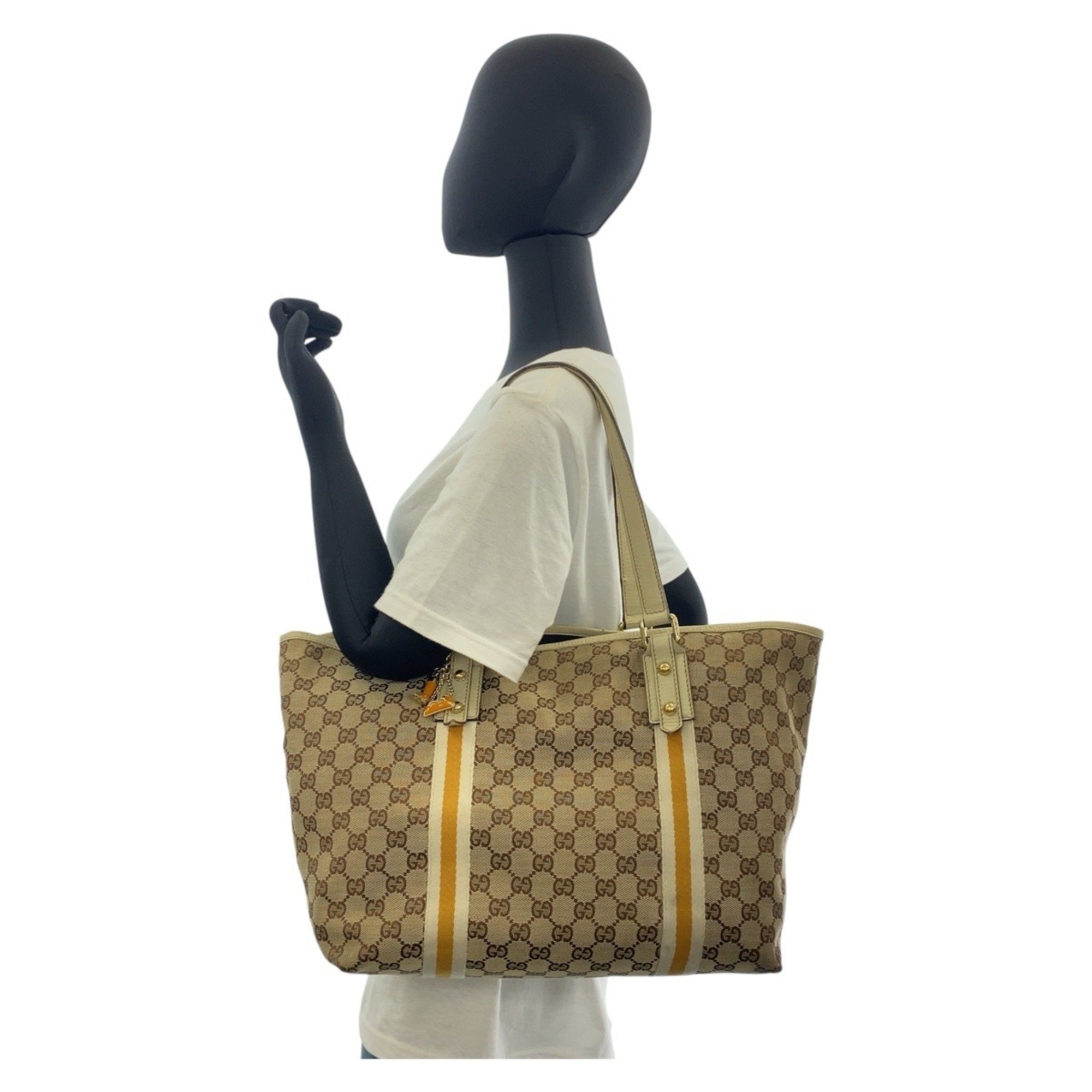 Gucci Beige Ivory Gg Canvas Leather Shoulder Bag Tote Bag (Pre-Owned)