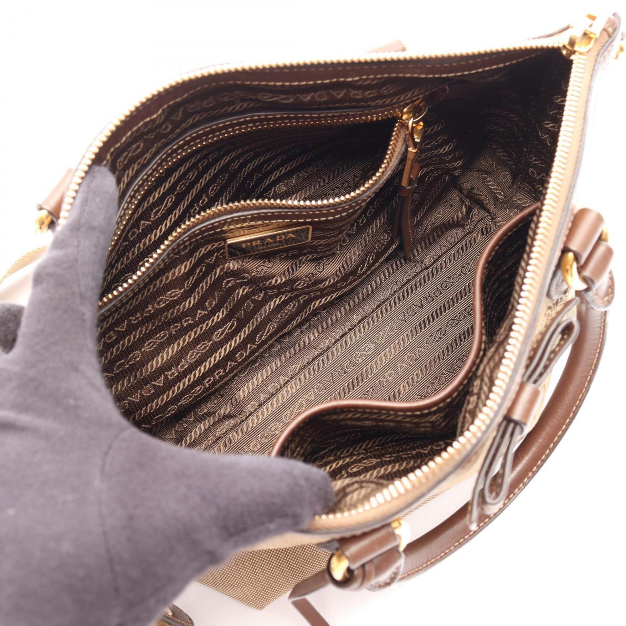 Prada Beige Brown Canvas Leather Handbag (Pre-Owned)
