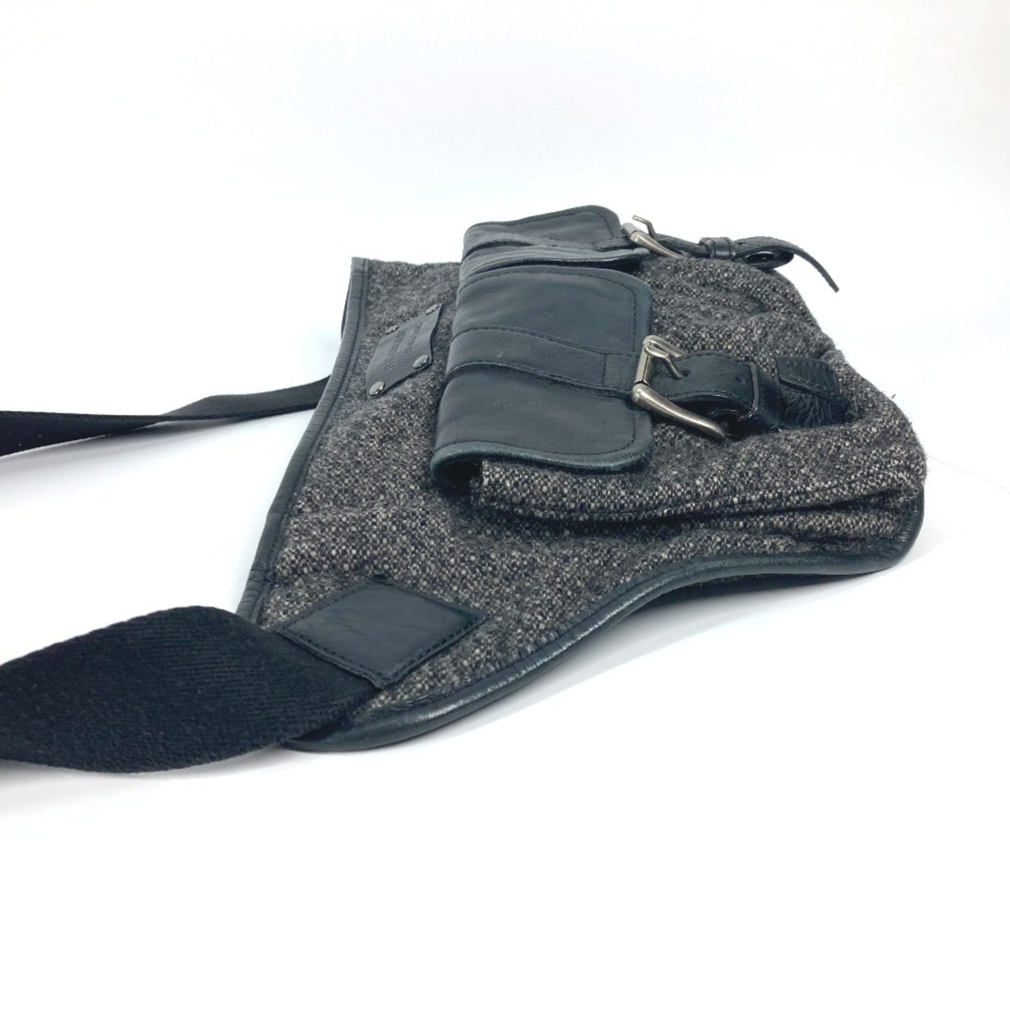 Burberry Black Label Black Gray Wool Leather Fanny Pack Shoulder Bag Sling Bag (Pre-Owned)