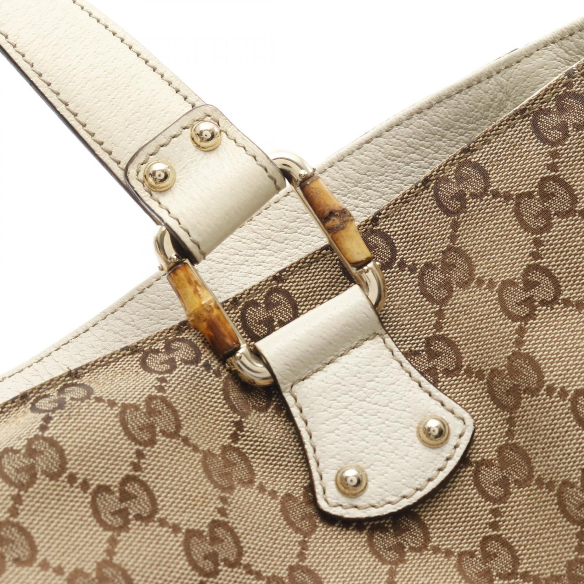 Gucci Beige White Canvas Leather Tote Bag (Pre-Owned)