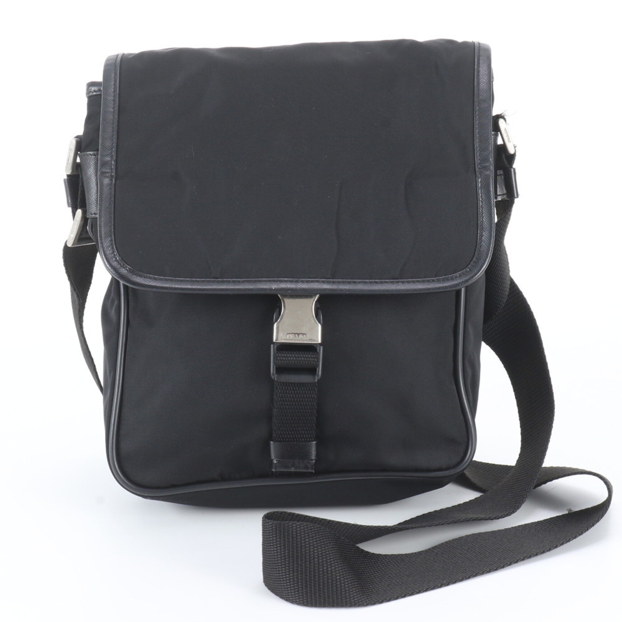 Prada Black Leather Nylon Messenger Bag Shoulder Bag (Pre-Owned)