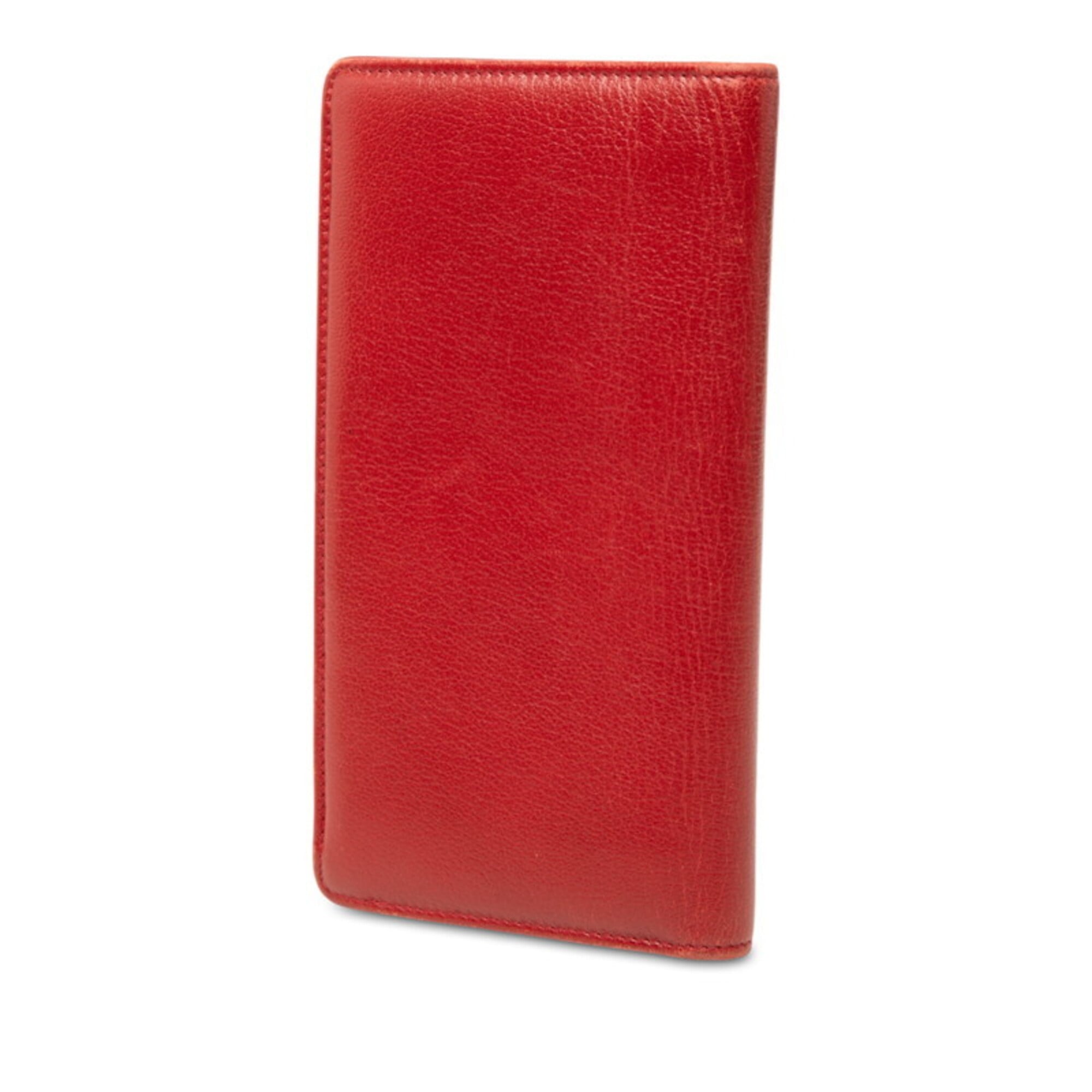 Chanel Red Color Leather Long Wallet (Bi-Fold) (Pre-Owned)