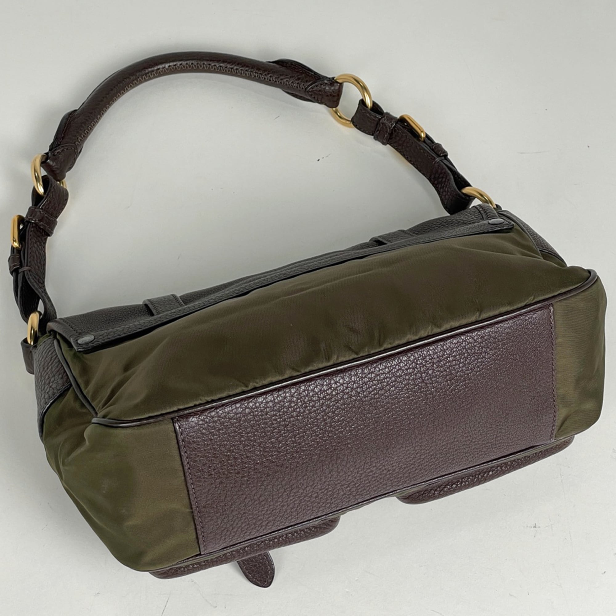Prada Beige Green Nylon Leather Shoulder Bag (Pre-Owned)
