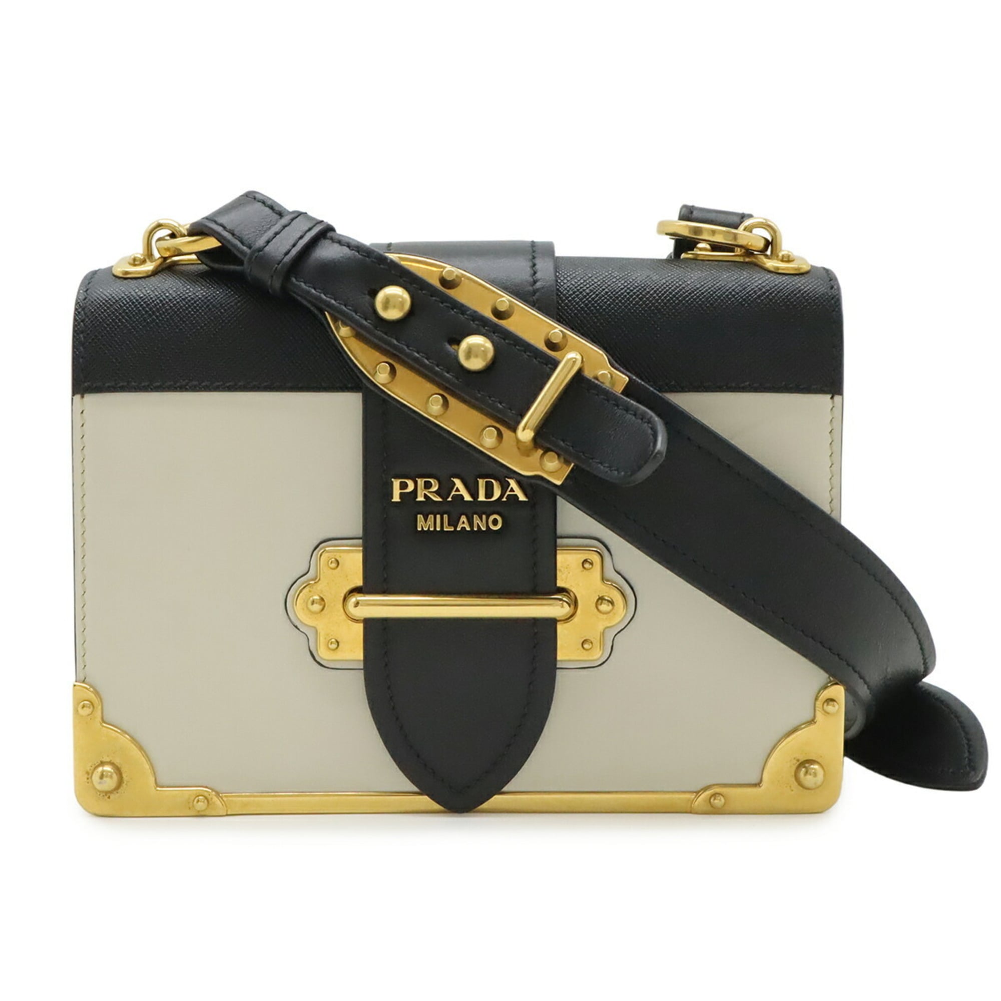 Prada Beige Black Nero Talco Leather Pochette Shoulder Bag (Pre-Owned)