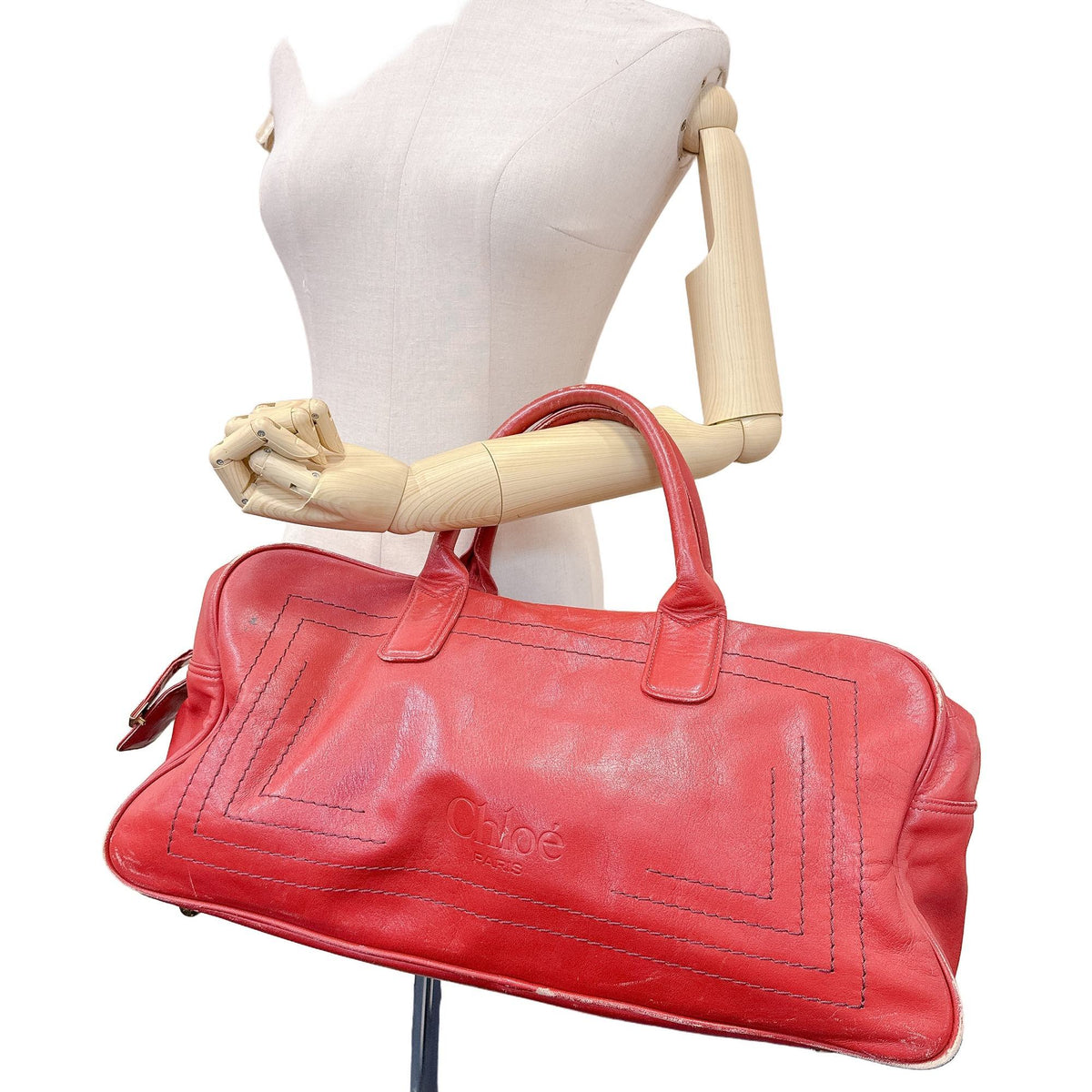 Chloé Red Color Wine Leather Boston Bag Handbag (Pre-Owned)