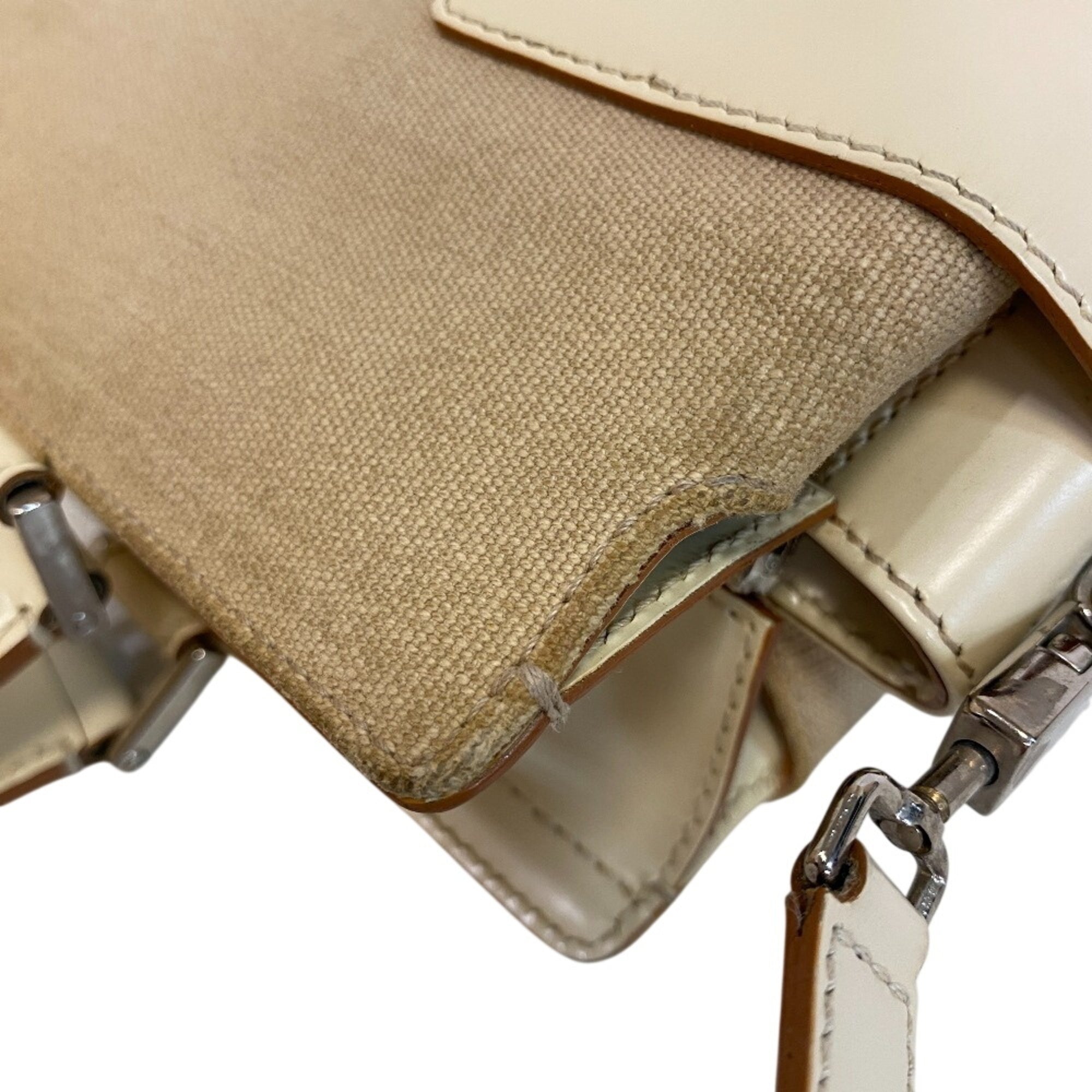 Salvatore Ferragamo Beige White Canvas Leather Handbag Shoulder Bag (Pre-Owned)